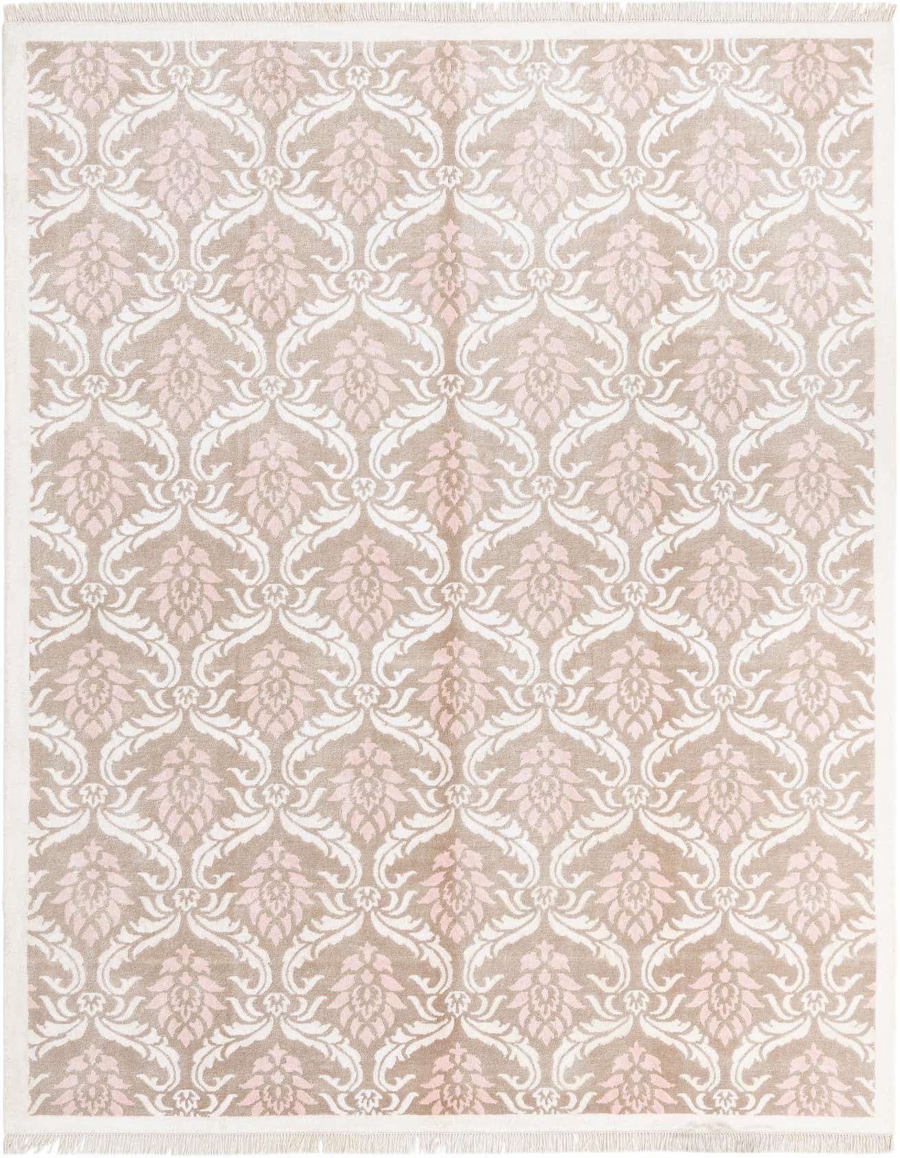 A 7x10 rectangular Darya rug with a modern damask pattern in brown, ivory, and light pink.