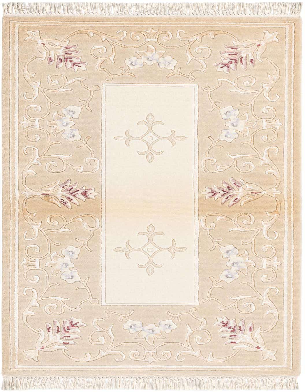 A rectangular 3x5 Darya rug in shades of brown and ivory, featuring a modern floral pattern with a high pile and fringe.