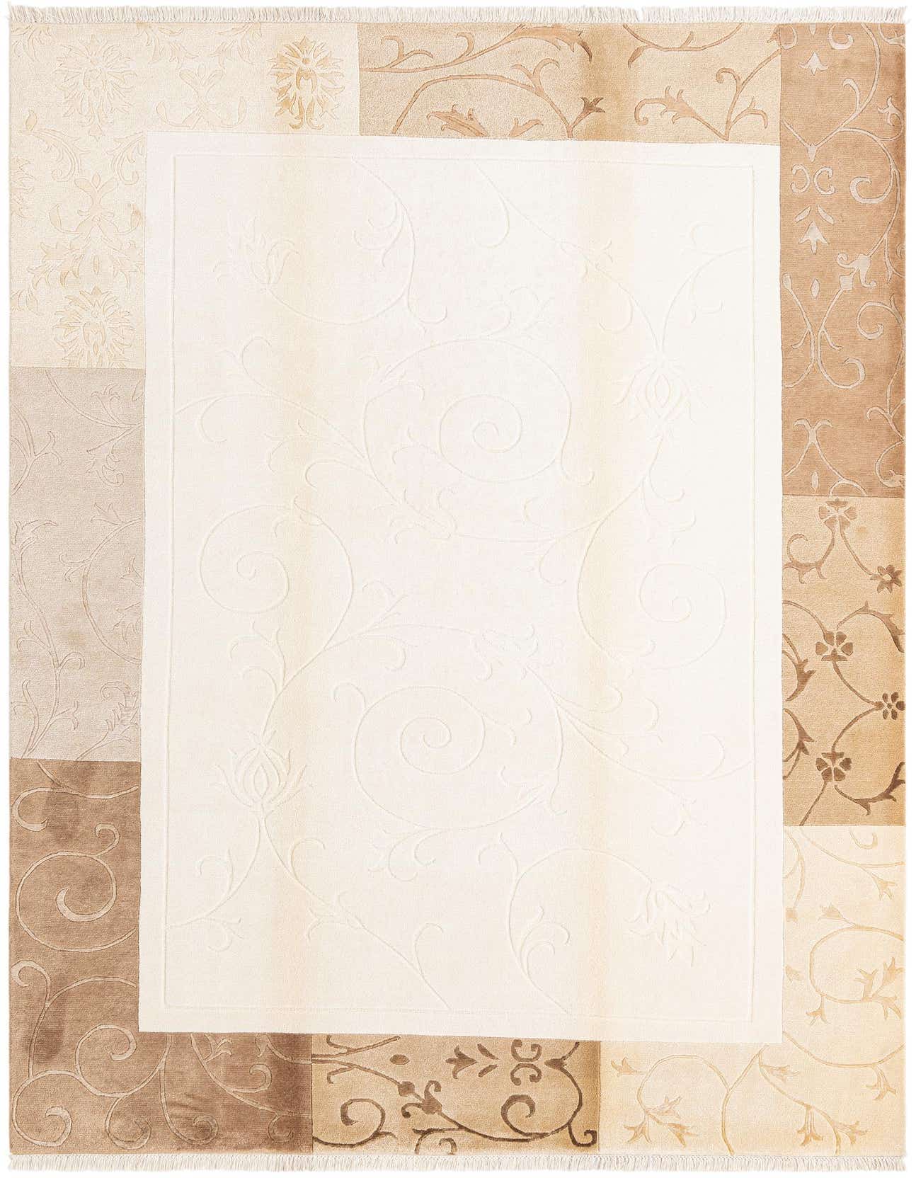 A 7x10 rectangular Darya rug with a modern pattern in shades of brown, tan, and cream, featuring a high pile.