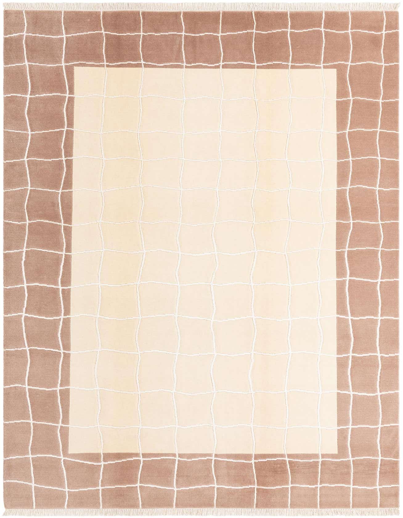 A 6x9 rectangular modern wool rug featuring a cream center with a brown grid border.