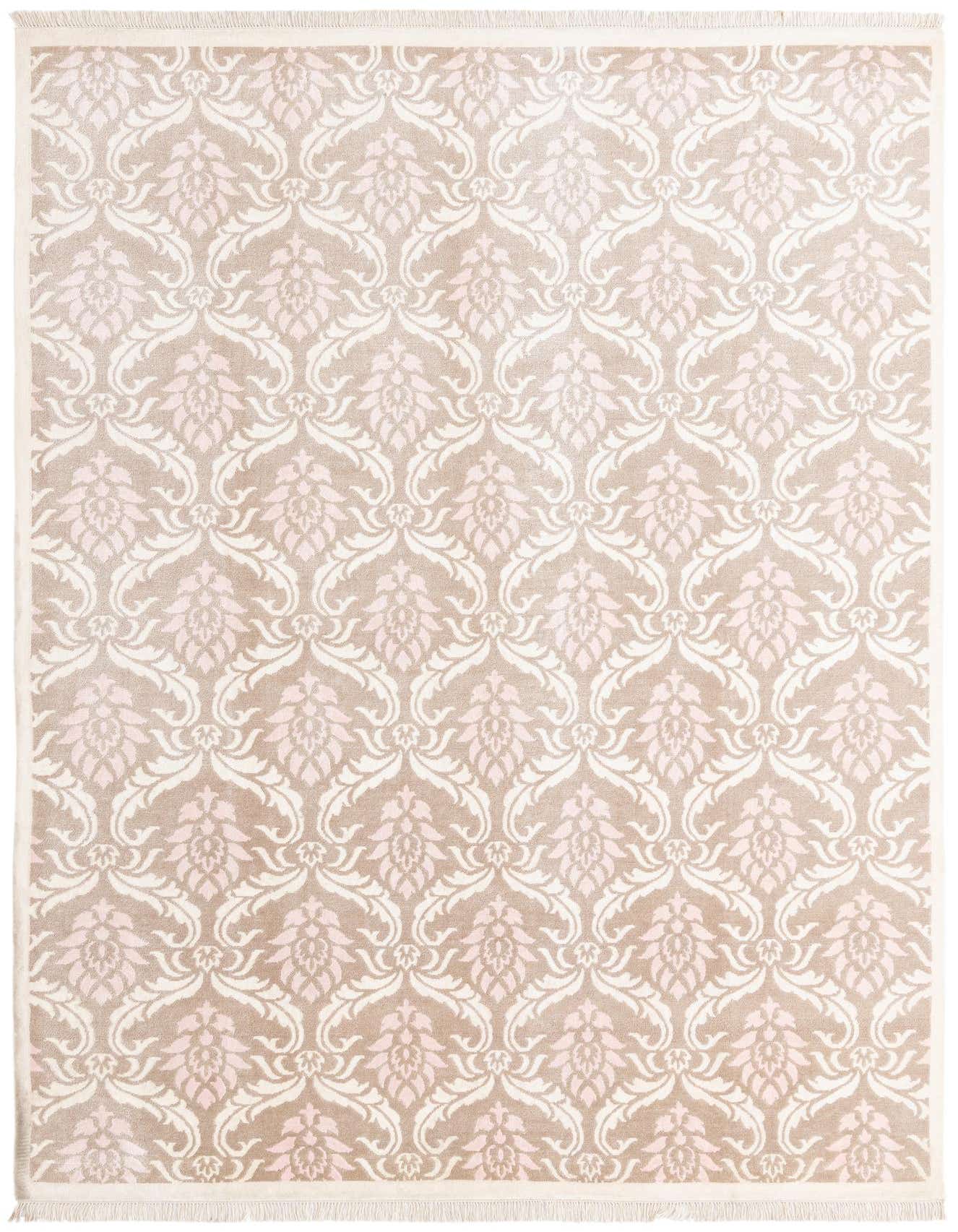 A 7x10 rectangular Darya rug with a modern damask pattern in shades of brown, tan, and cream, featuring a high pile and fringe.