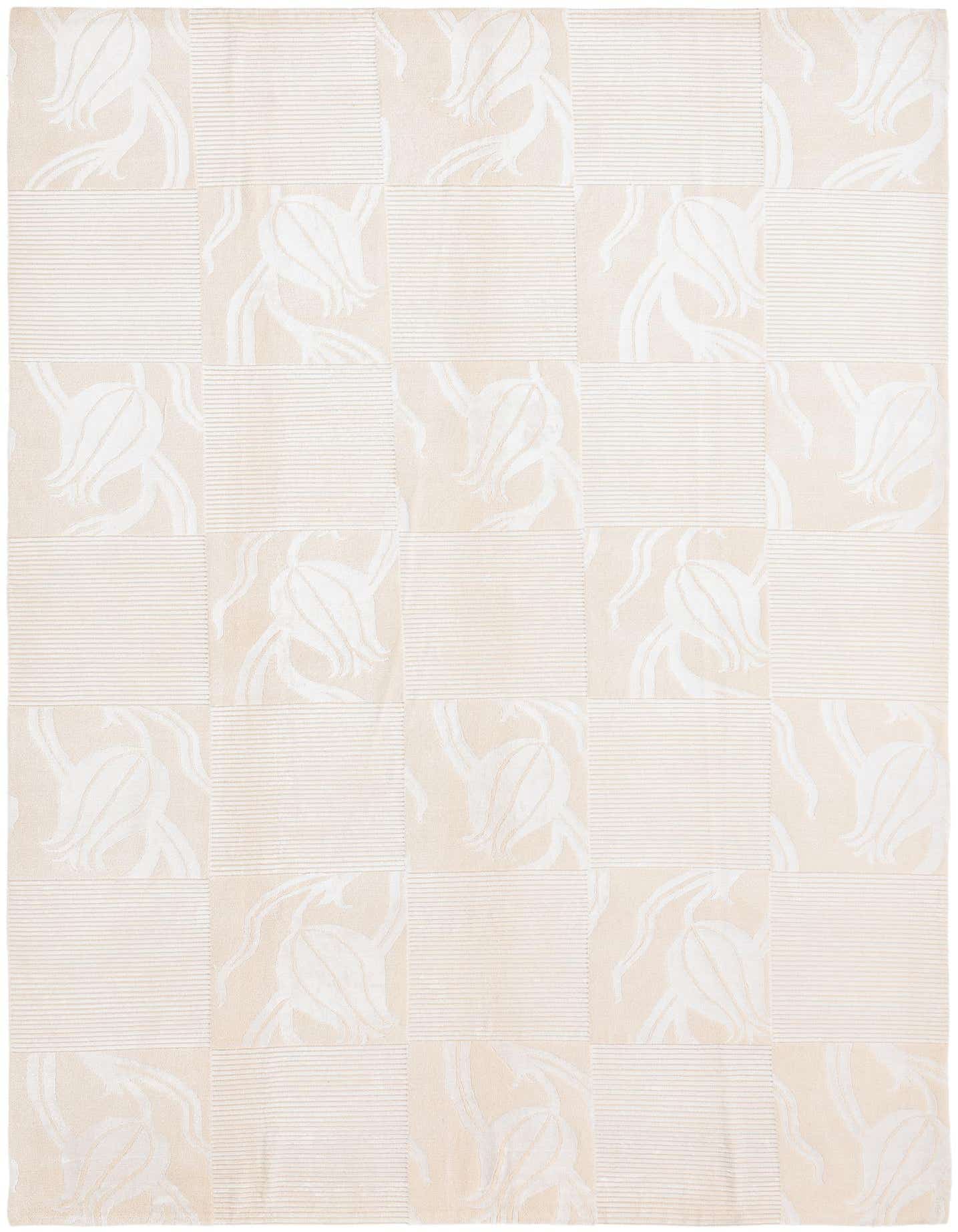 A rectangular 8x12 Darya rug in shades of brown and ivory, featuring a modern oriental pattern of alternating floral and striped squares.