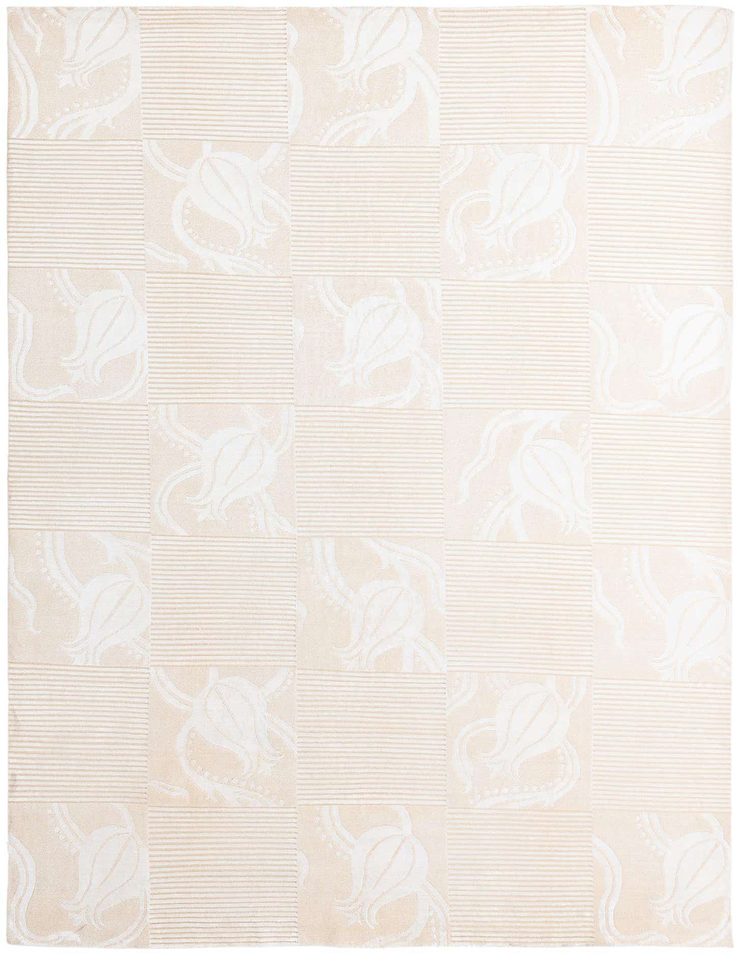 An 8x12 rectangular Darya rug in shades of brown and ivory, featuring alternating squares of floral and striped patterns.