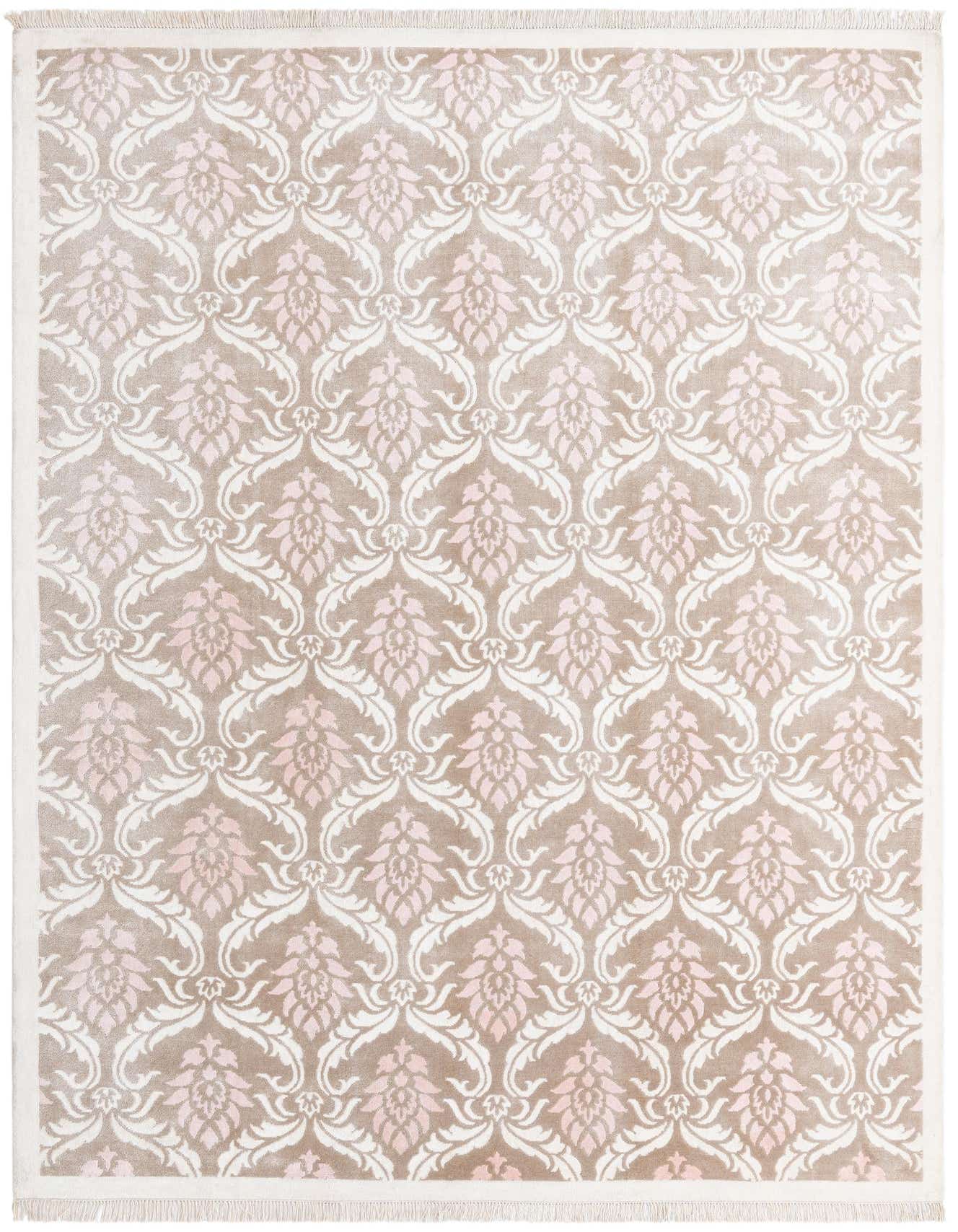 A 7x10 rectangular Darya rug with a modern oriental pattern in brown, ivory, and pink, featuring a high pile.