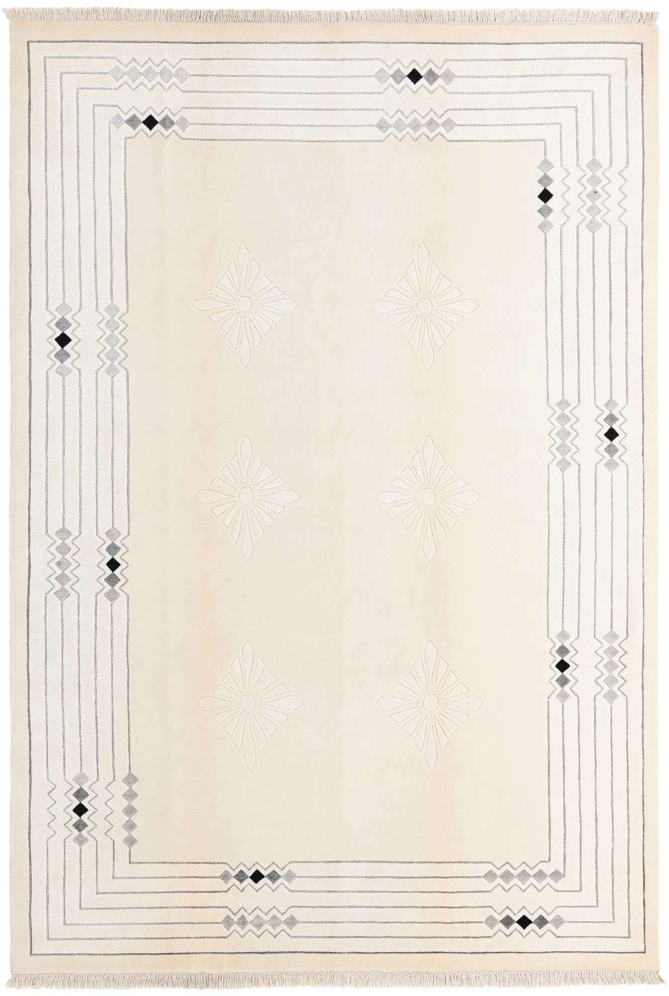 A 7x10 rectangular Darya rug with an ivory field, featuring a modern oriental pattern in shades of brown, tan, and cream.