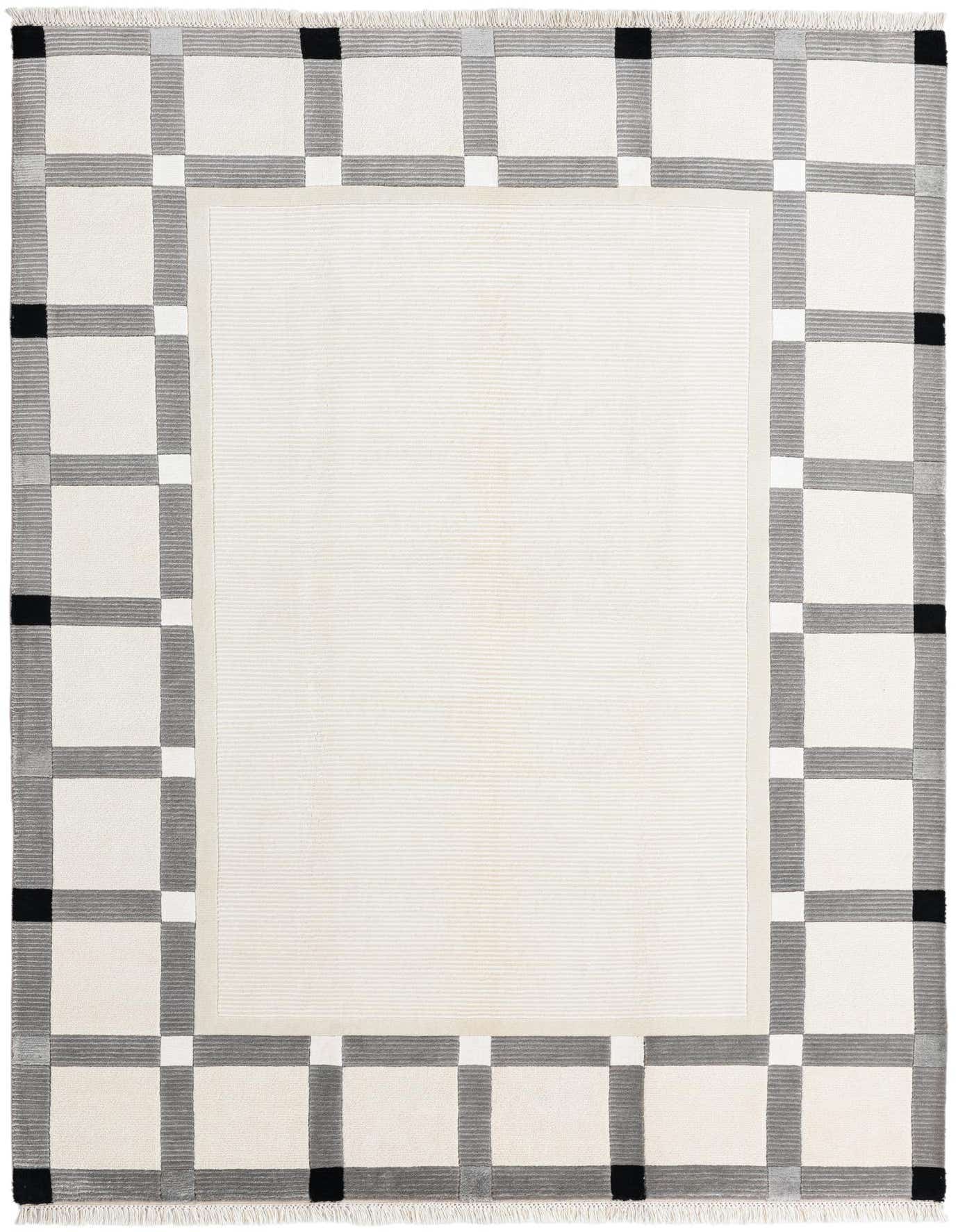 A 5x8 rectangular Darya rug with a cream center and a modern brown and ivory checkered border with black accents.