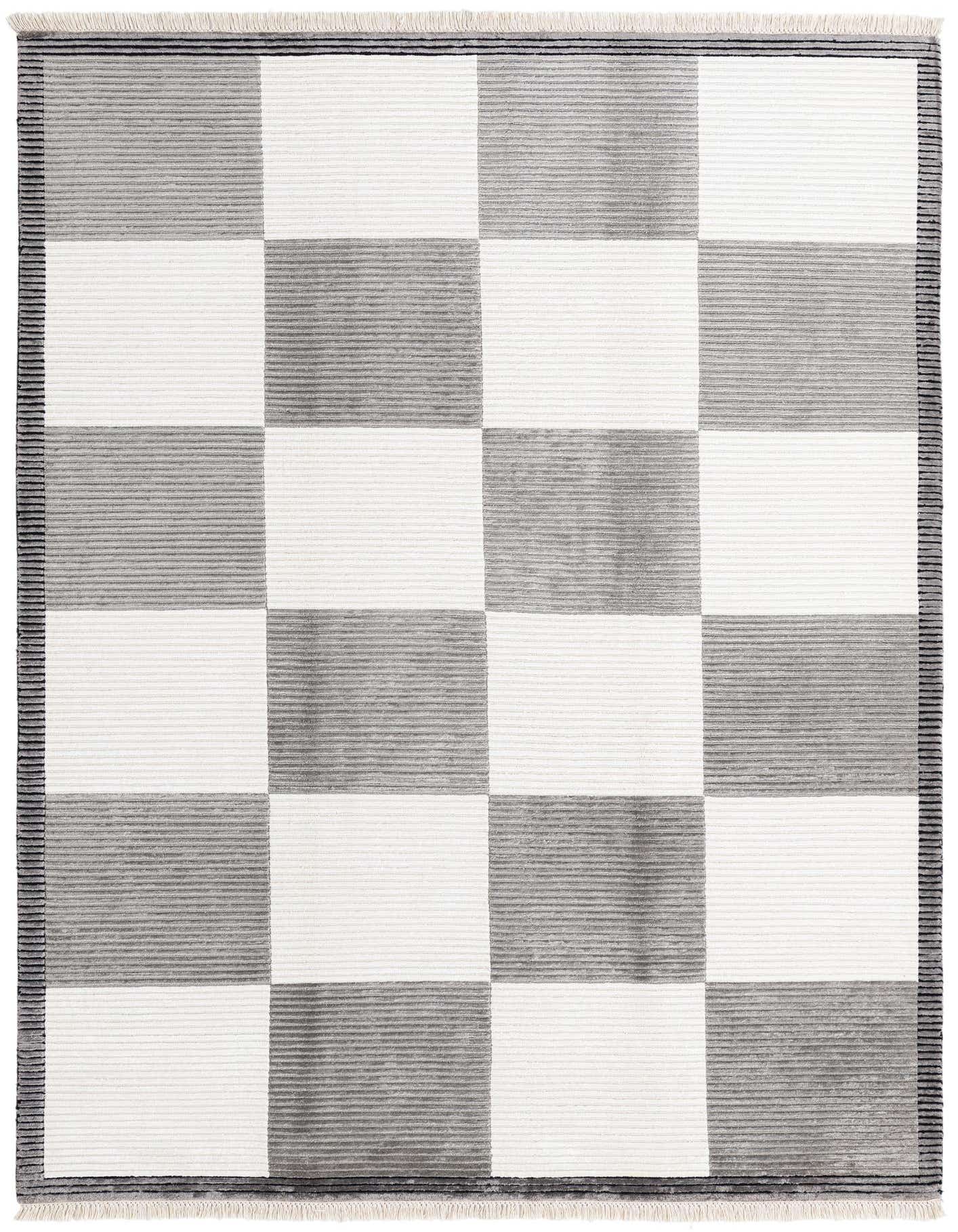 A 5x8 rectangular Darya rug with a modern checkerboard pattern in alternating blocks of brown and ivory, featuring a high pile.