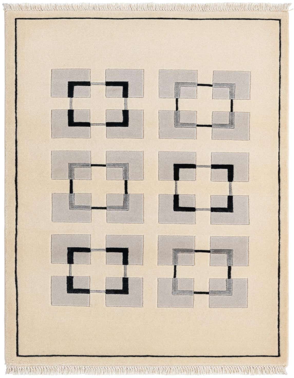 A 3x5 rectangular Darya rug with a modern geometric pattern in brown, cream, and gray, featuring square motifs.