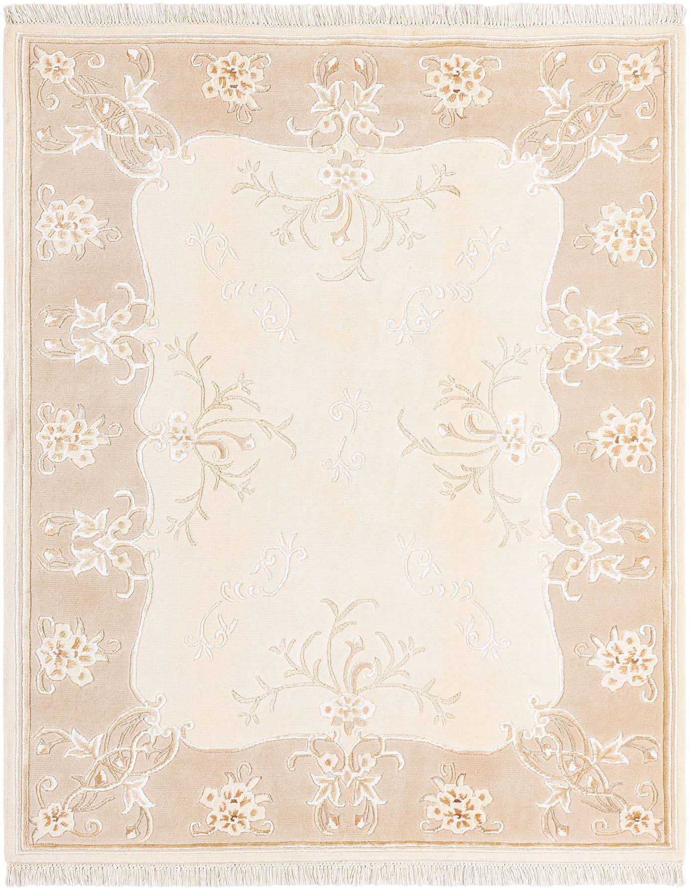 A 4x6 rectangular Darya rug with a modern Persian pattern in brown, tan, and cream, featuring an ornate floral border and central design.