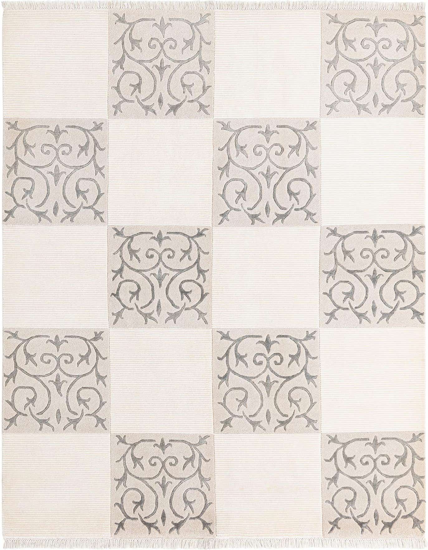 A 5x8 rectangular Darya rug with a modern Persian pattern in alternating squares of ivory and tan with gray scrollwork.