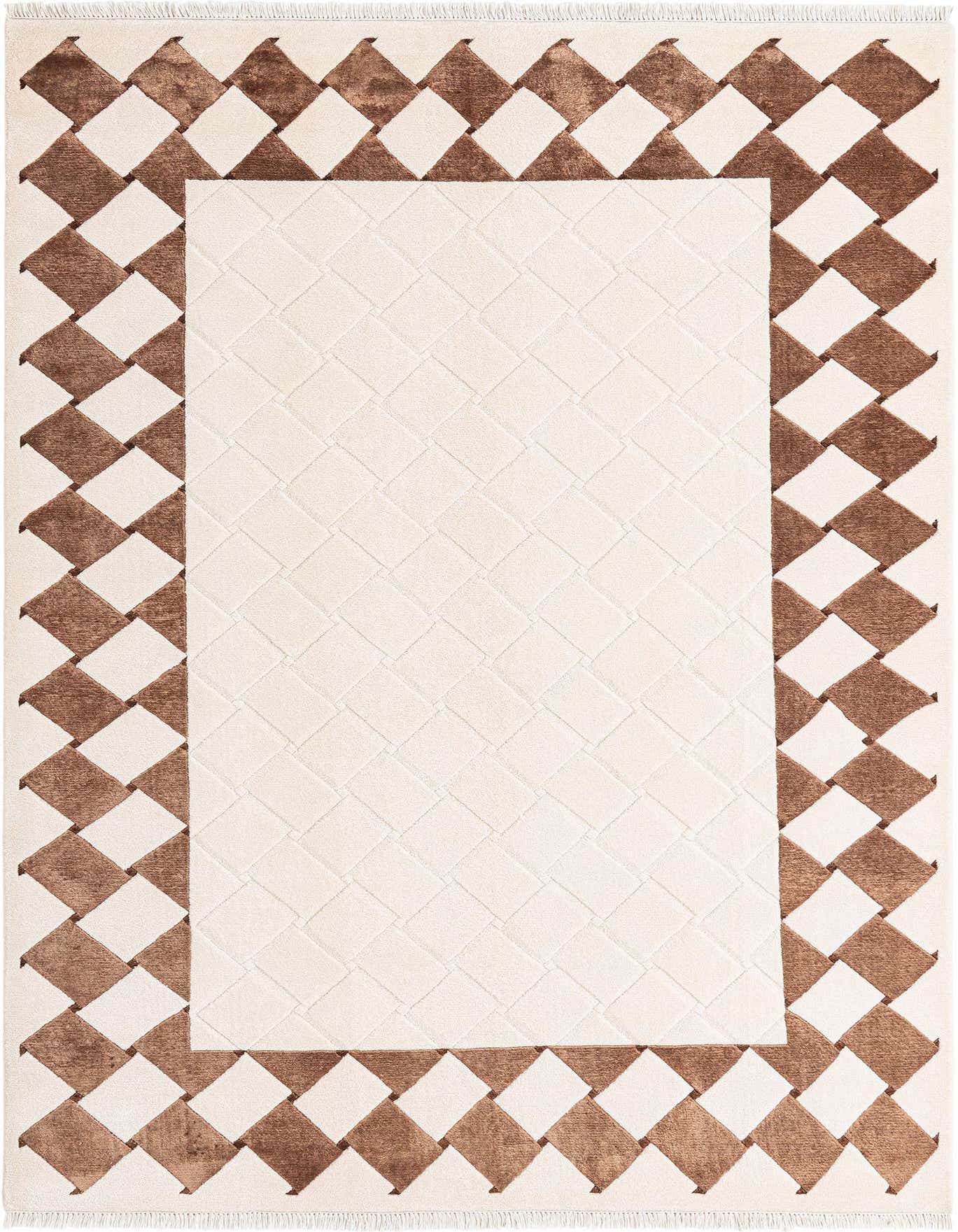 A rectangular 5x8 Darya rug featuring a cream central panel with a subtle basketweave texture, bordered by a repeating pattern of brown and cream diamond shapes.