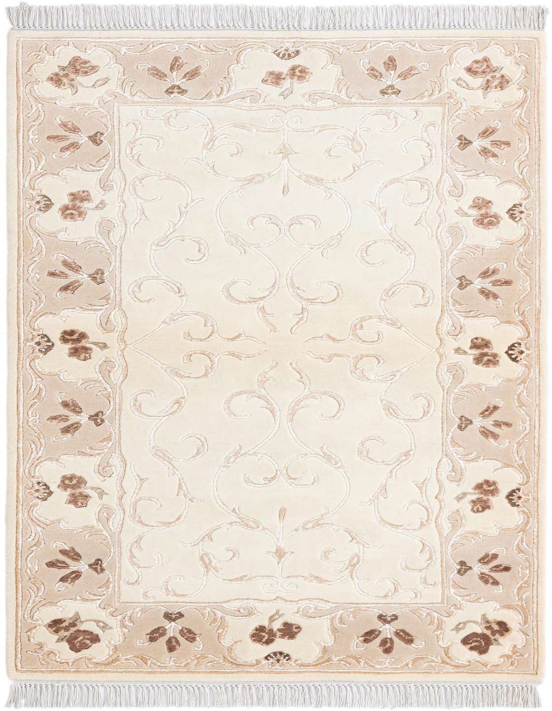 A 3x5 rectangular Darya rug with a cream center and an ornate border in various shades of brown and tan, featuring floral motifs and delicate scrollwork.