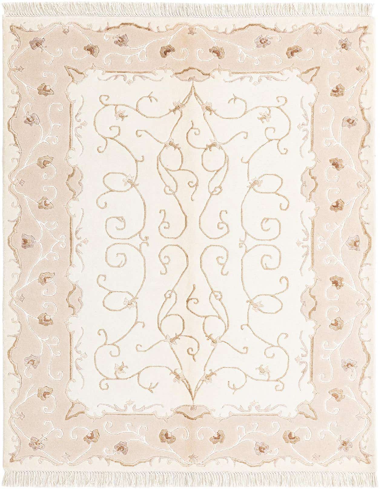 A 3x5 rectangular Darya rug with a cream center and tan border, featuring intricate Persian-style floral and vine patterns in brown and ivory, with fringe.