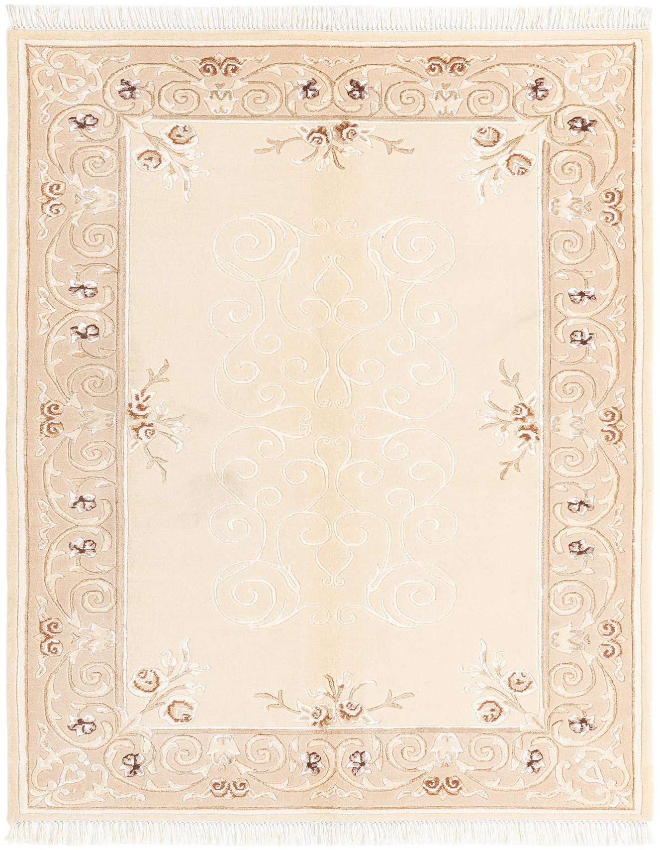 A 3x5 rectangular Darya rug with a cream field and a tan border, featuring intricate Persian-inspired floral and scroll patterns in brown and ivory.