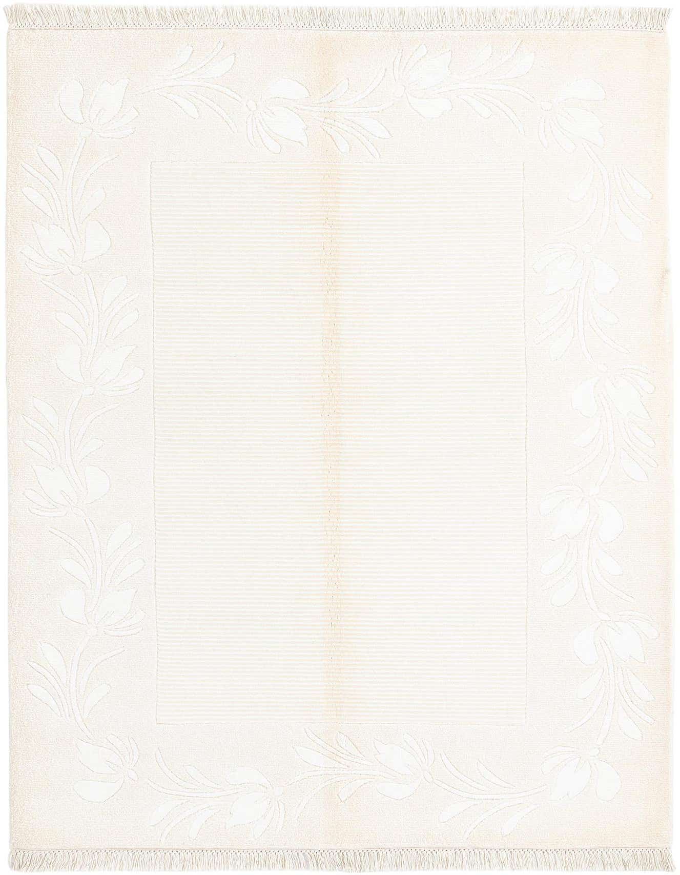 A 4x6 rectangular Darya rug in cream and tan, featuring a subtle modern Persian floral border and fringe.