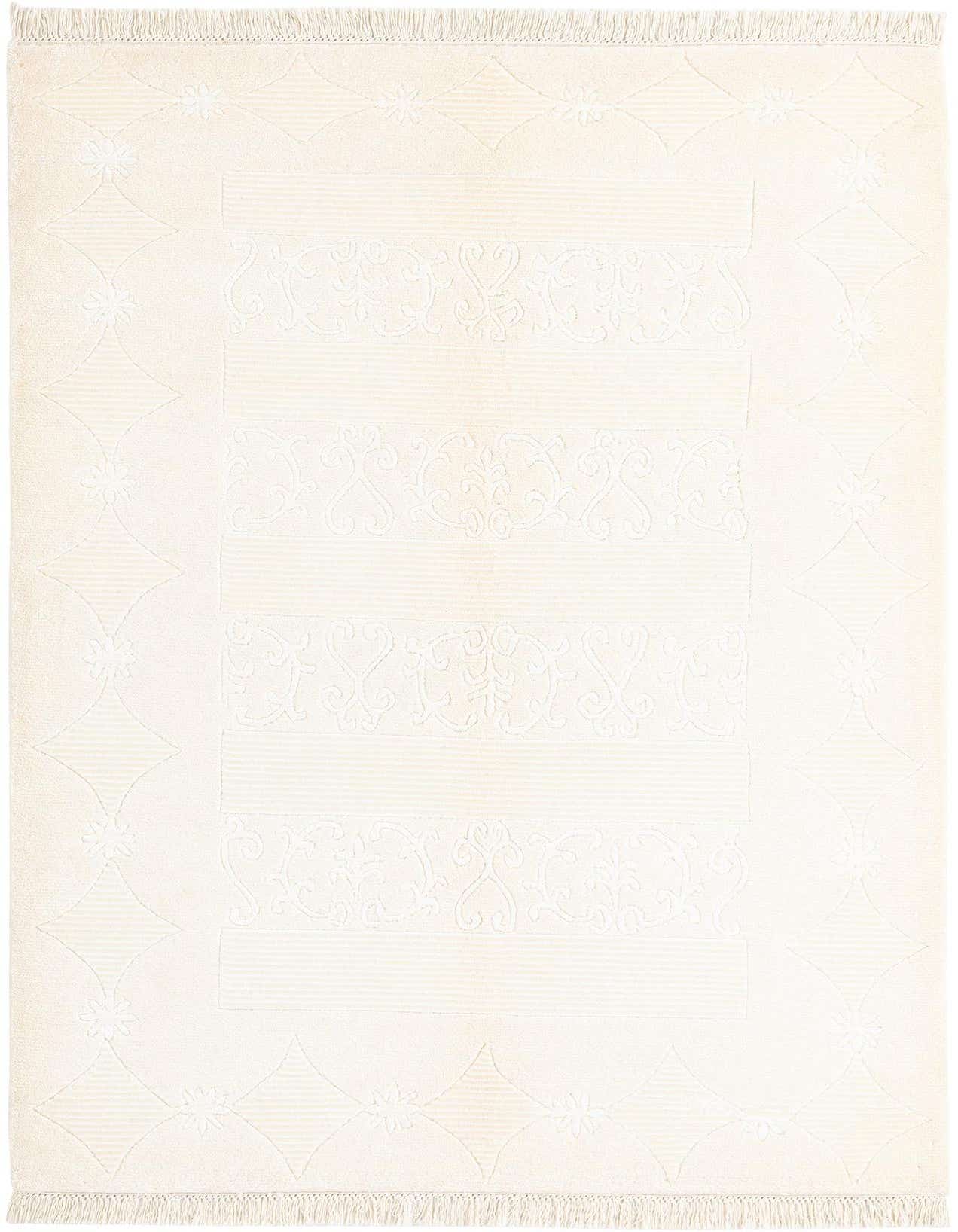 A 4x6 rectangular Darya rug in shades of ivory and cream with a subtle modern Persian pattern, featuring a high pile and delicate fringe.