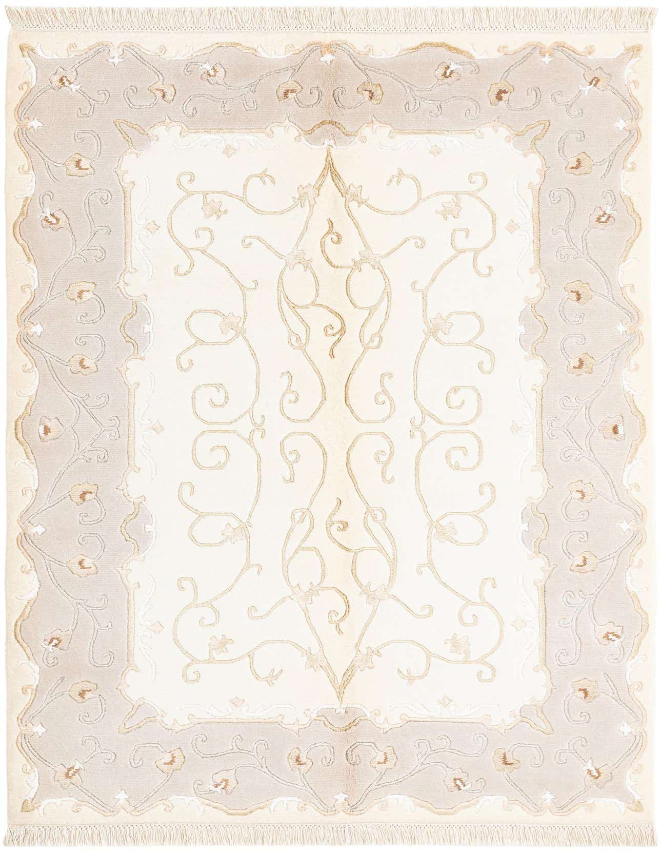 A 3x5 rectangular Darya rug with a high pile, featuring a cream field and an ornate brown and tan Persian-inspired border.