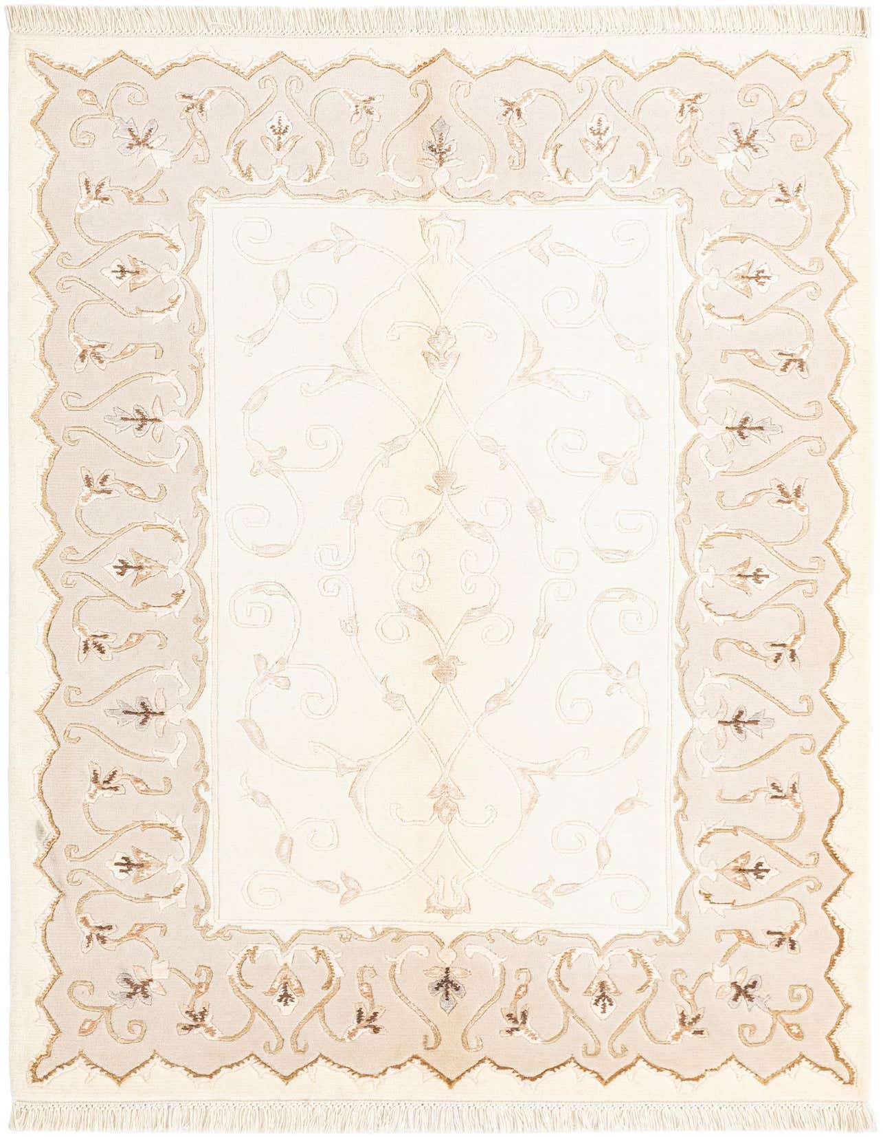 A 3x5 rectangular Darya rug with a cream center and an intricate tan and brown Persian-inspired border, featuring delicate floral and vine motifs.