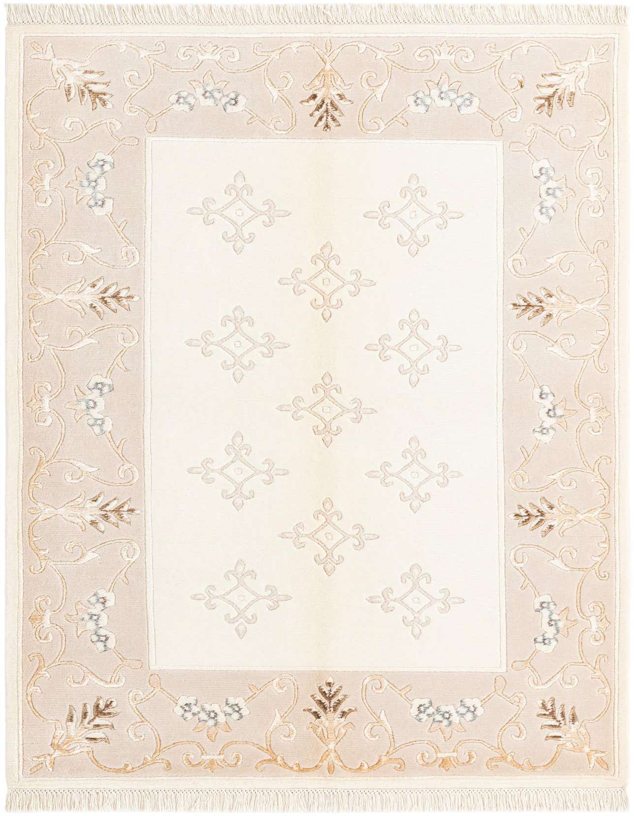 A rectangular 3x5 Darya rug featuring a cream center with subtle tan motifs, bordered by an ornate tan frame with floral and vine patterns in brown, tan, and light blue.