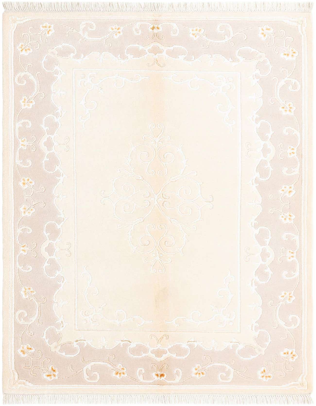 A 4x6 rectangular Darya rug with a cream center and a light brown border featuring intricate Persian-style floral and scroll patterns.