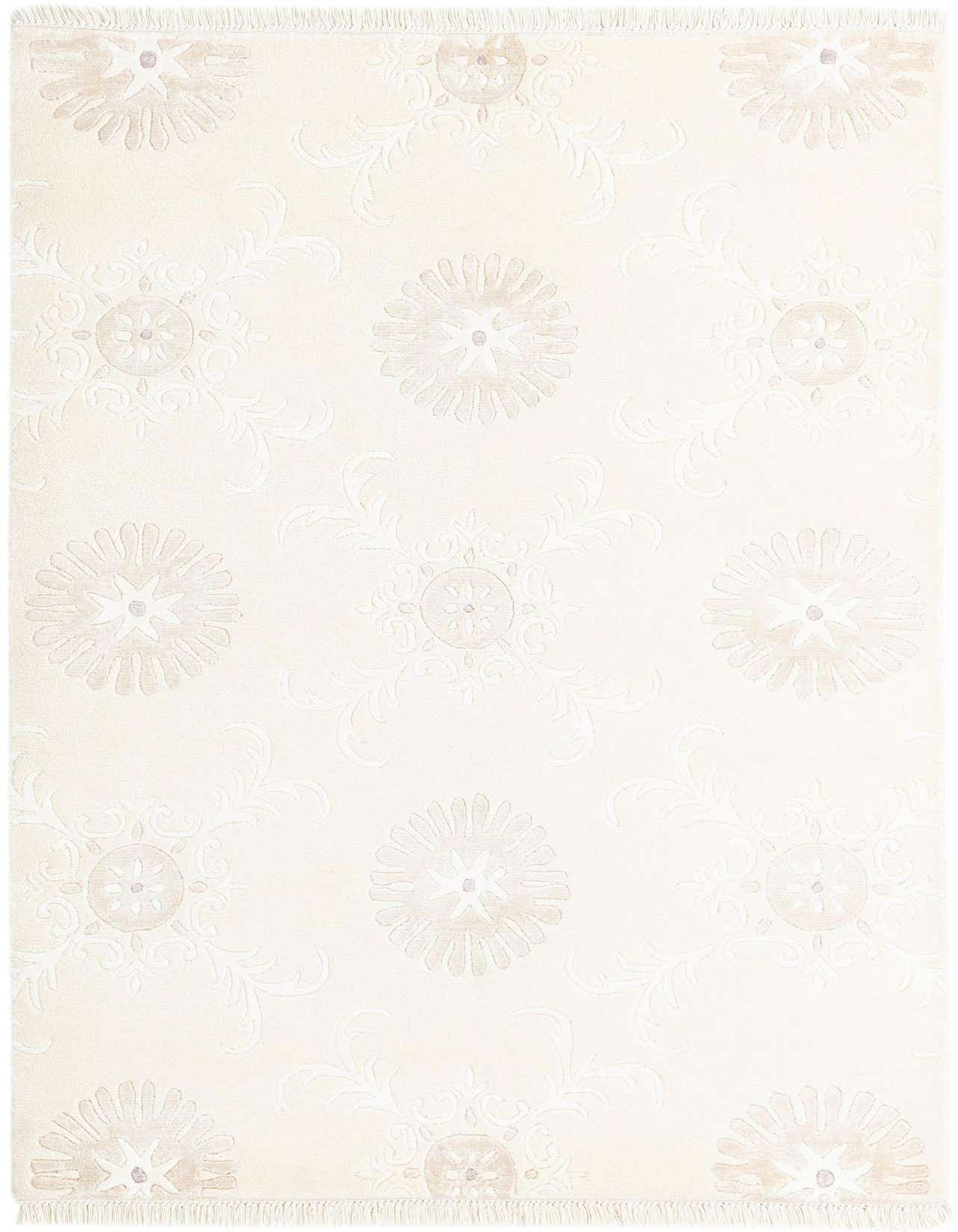 A 4x6 rectangular Darya rug in cream and tan, featuring a modern Persian medallion pattern with high pile and fringe.