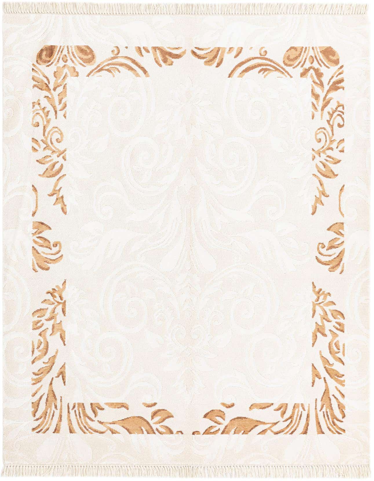 A 4x6 rectangular Darya rug with a cream background and a raised tan modern Persian border pattern.