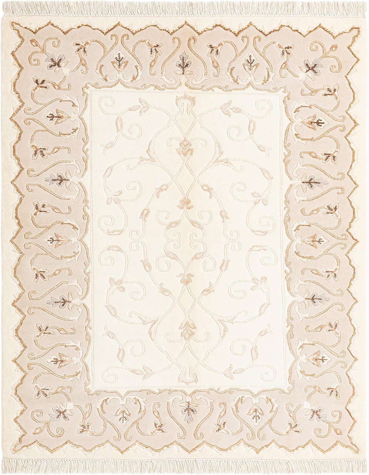 A 4x6 rectangular Darya rug with a cream center and a tan border, featuring intricate Persian-inspired floral and vine patterns in brown and ivory.