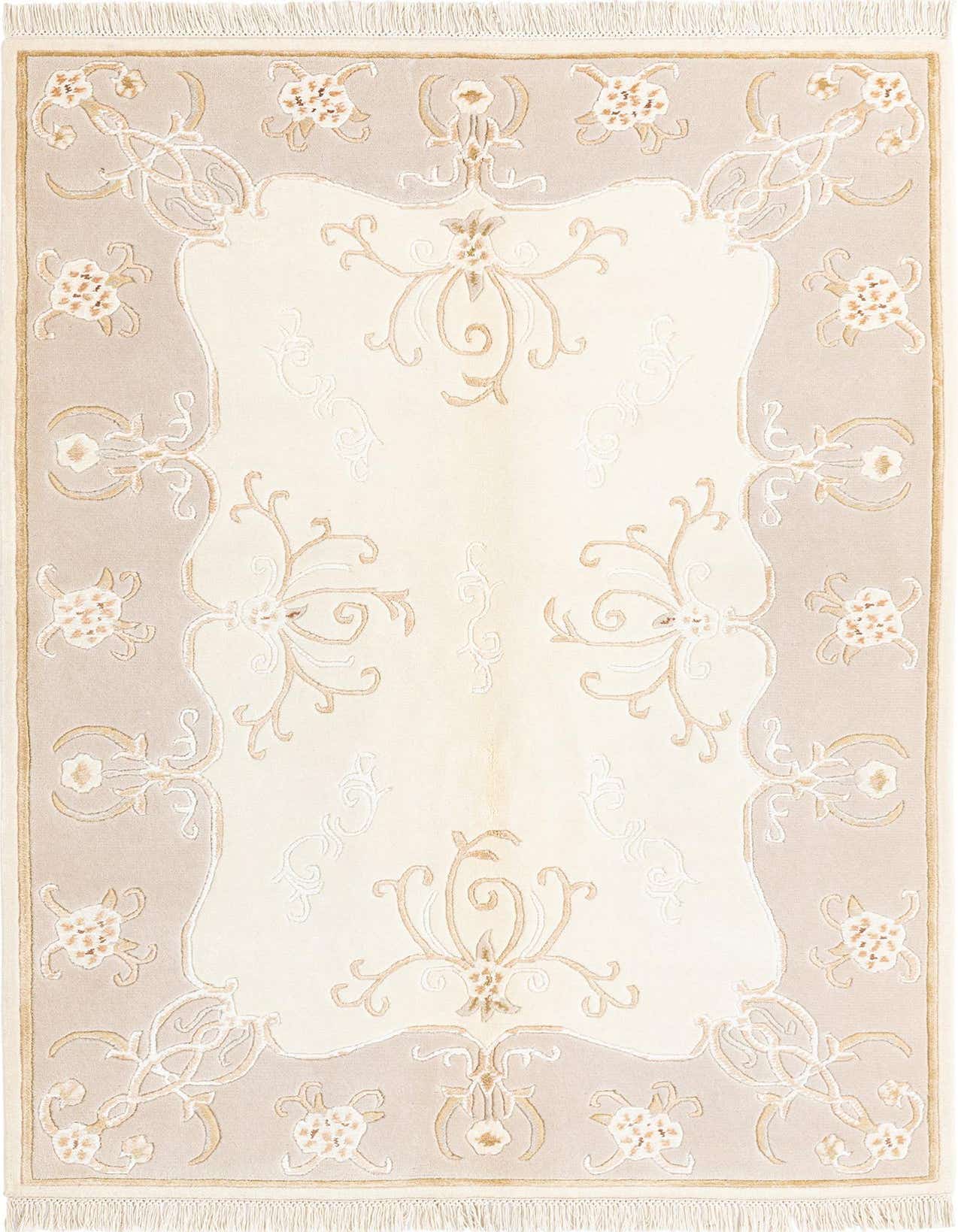 A 3x5 rectangular Darya rug with a cream center and a tan border, featuring intricate floral and scroll patterns in brown and ivory, with fringe.