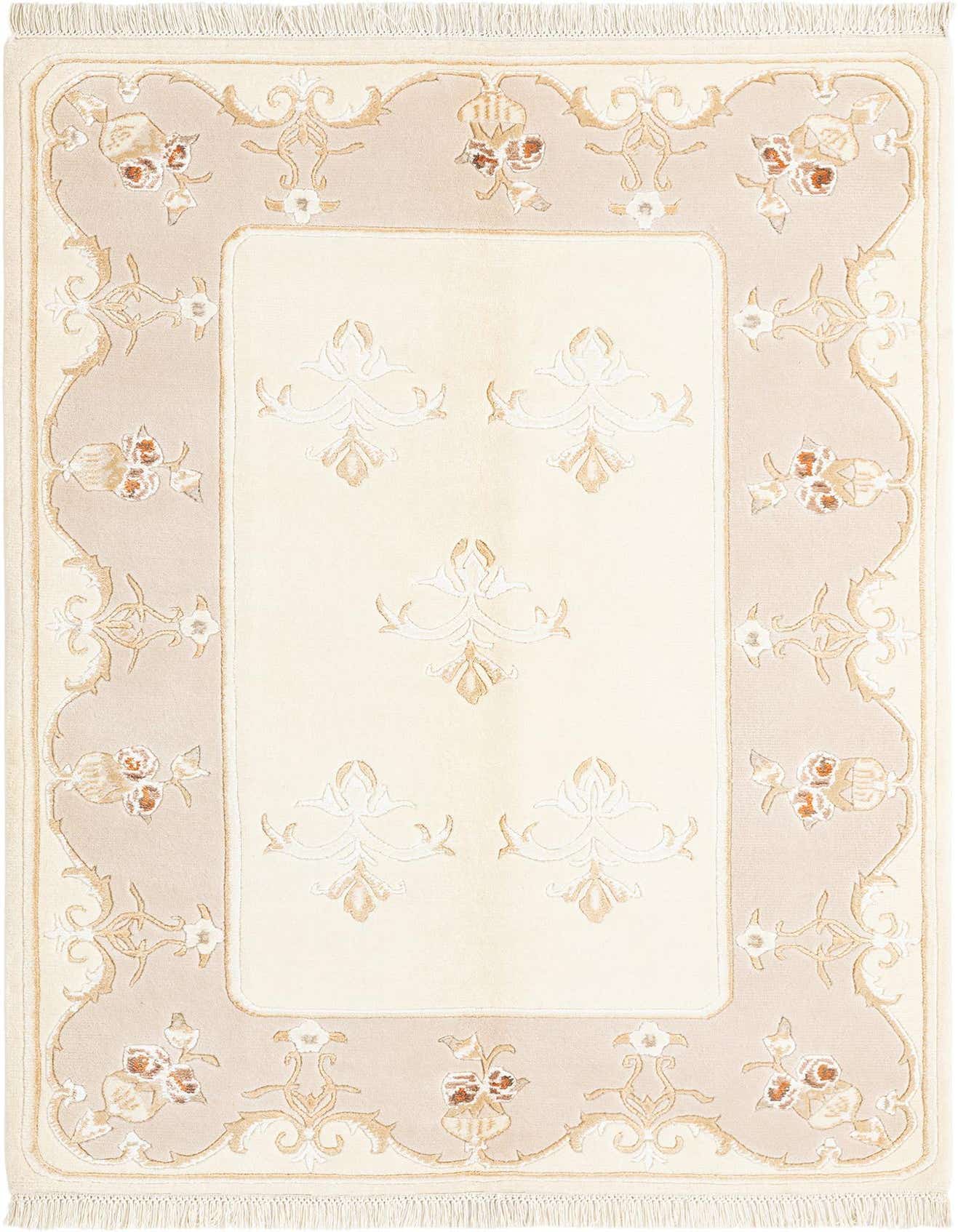 A rectangular 3x5 Darya rug featuring a cream central field with subtle ivory and tan modern Persian motifs, framed by a light brown border with intricate floral patterns.