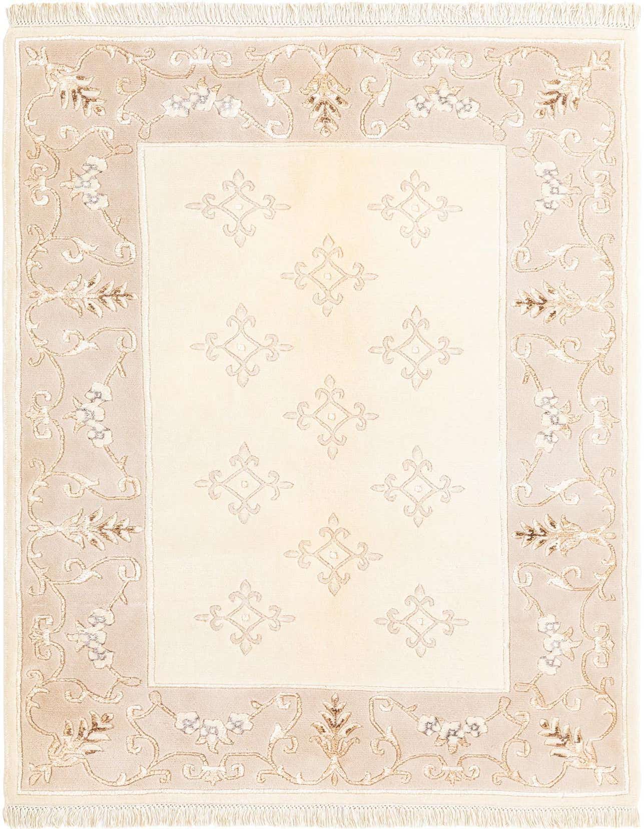 A 3x5 rectangular Darya rug with a cream center and a light brown border featuring intricate floral and vine patterns.