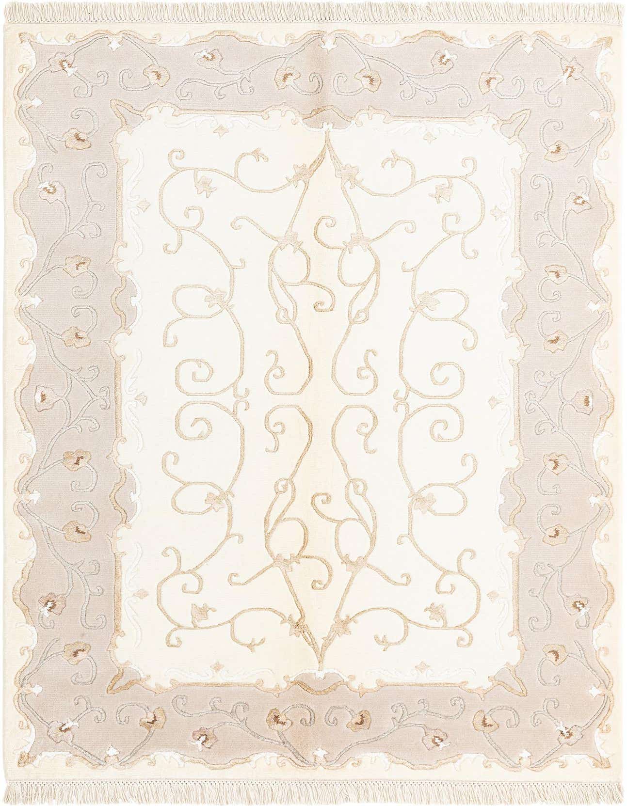 A 4x6 rectangular Darya rug in cream and brown with an intricate modern Persian floral and vine pattern.