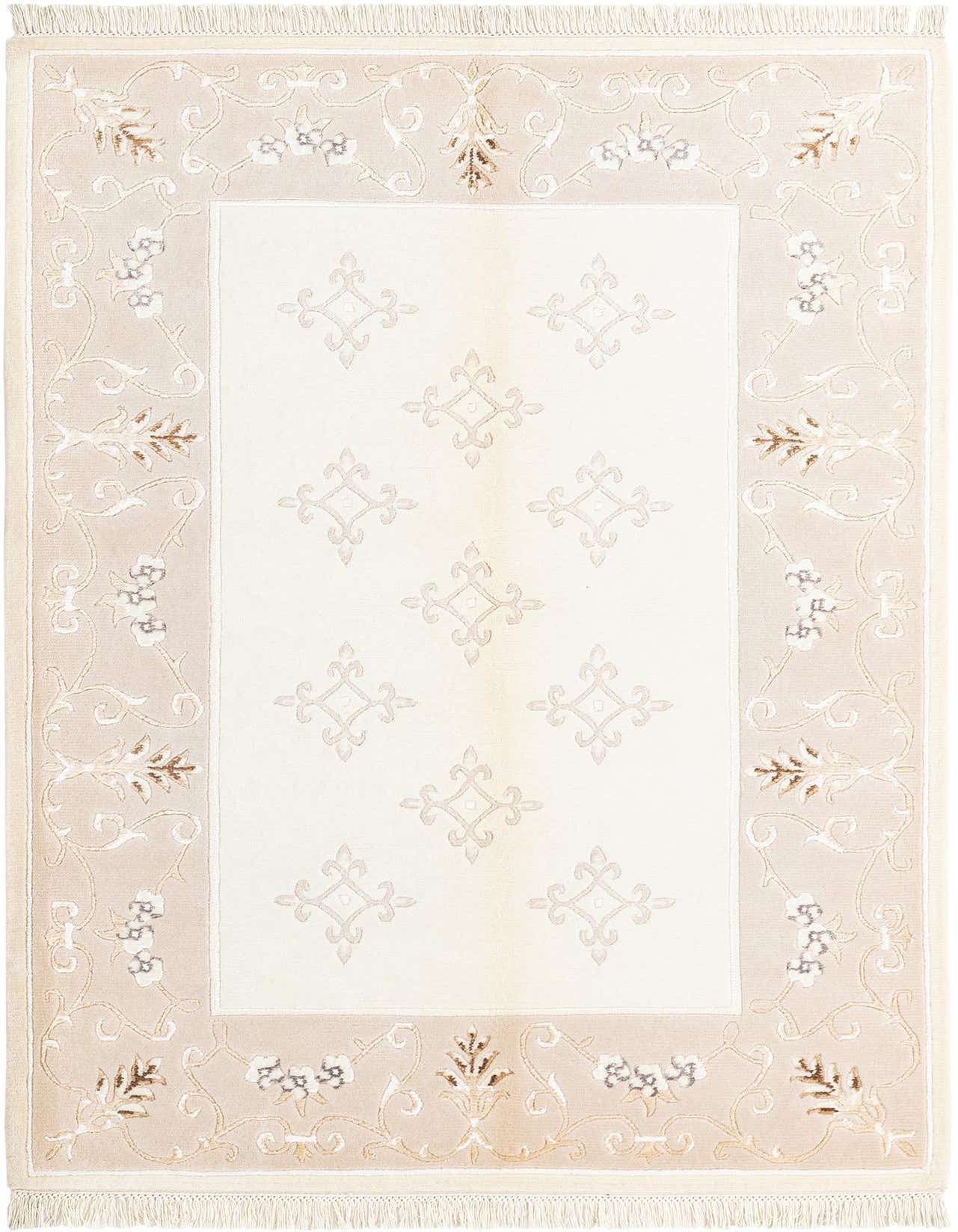 A 3x5 rectangular Darya rug with a cream center and a tan border featuring intricate floral and vine patterns, ideal for an indoor space.