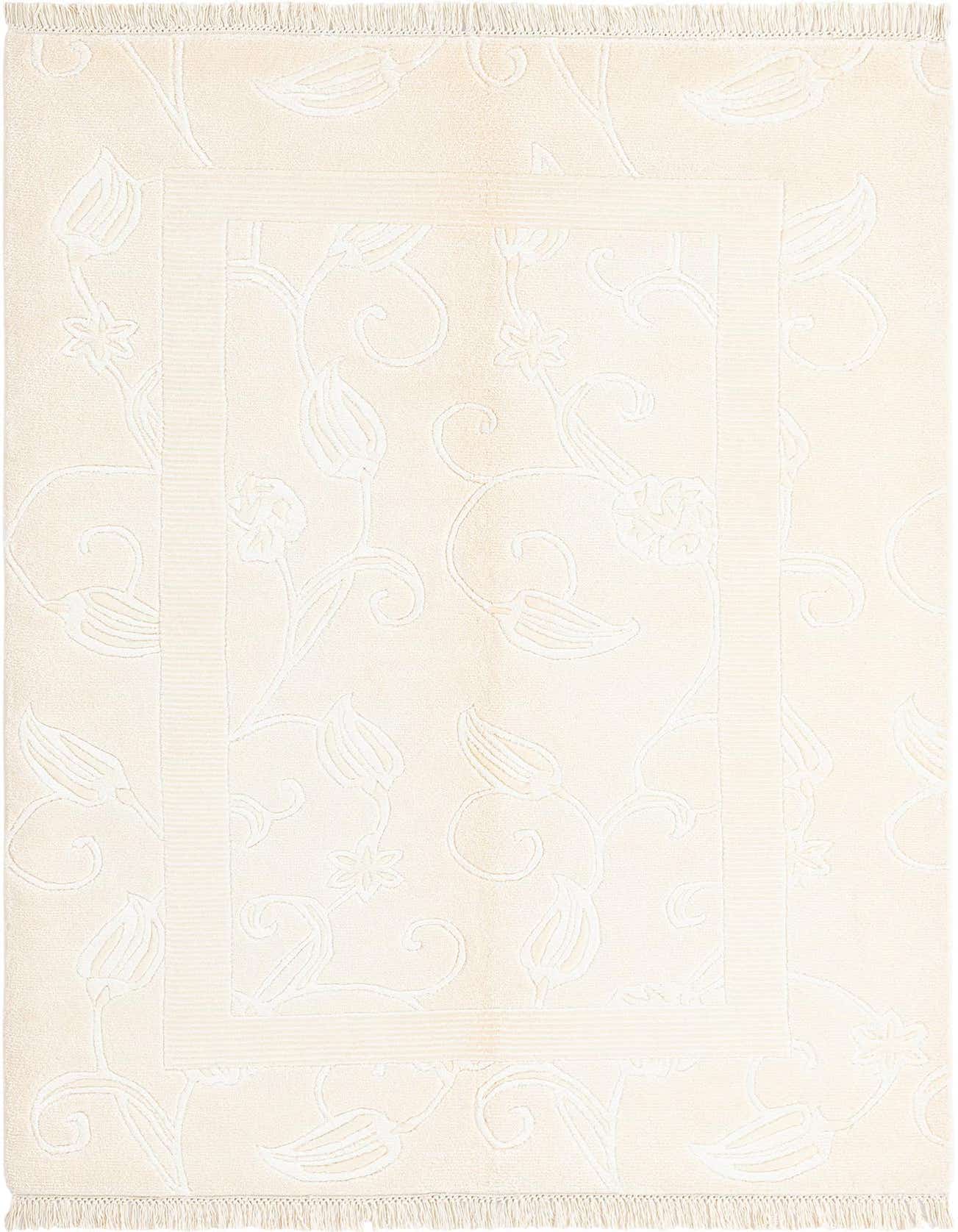 A 4x6 rectangular Darya rug in cream and ivory, featuring a subtle Persian floral pattern with a border and fringe.