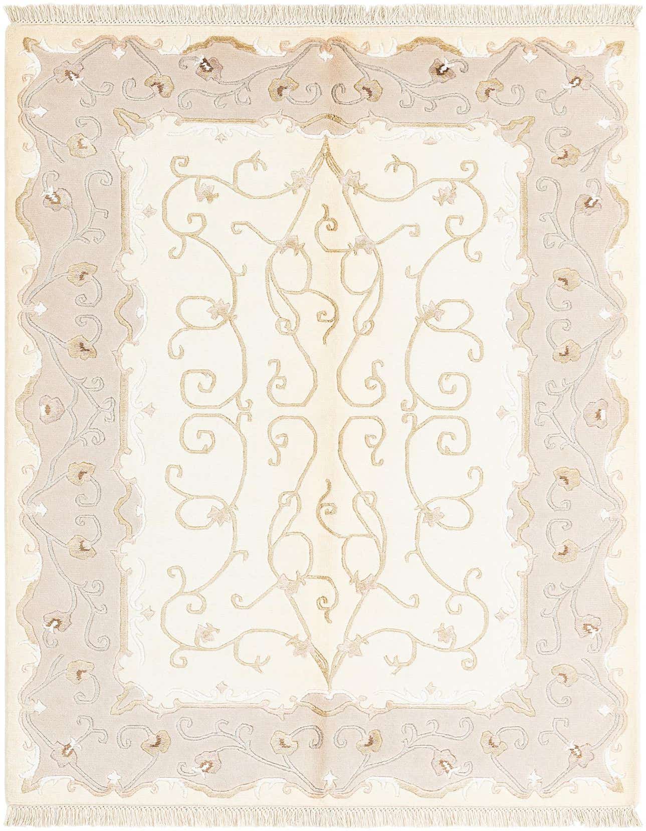 A 4x6 rectangular Darya rug with a cream center and intricate tan and brown Persian-inspired floral patterns.