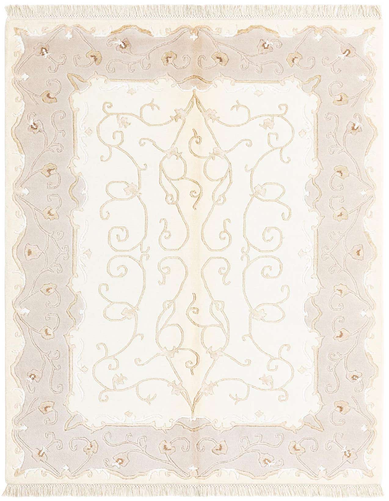 A 4x6 rectangular Darya rug in ivory and tan, featuring a modern Persian floral pattern with a high pile.