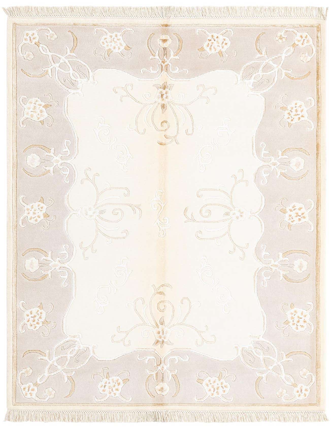 A 4x6 rectangular Darya rug with a cream center and a light brown border featuring intricate floral and scroll patterns in ivory and tan.