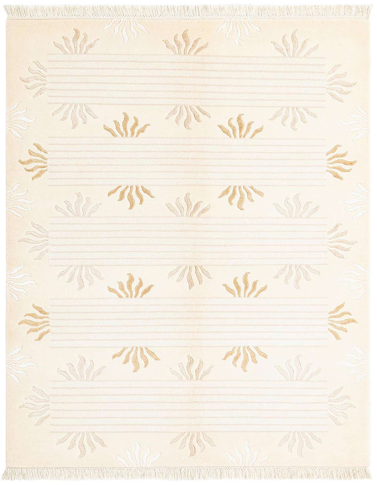 A 3x5 rectangular Darya rug in cream and tan with a modern Persian pattern featuring sunburst motifs and horizontal stripes.