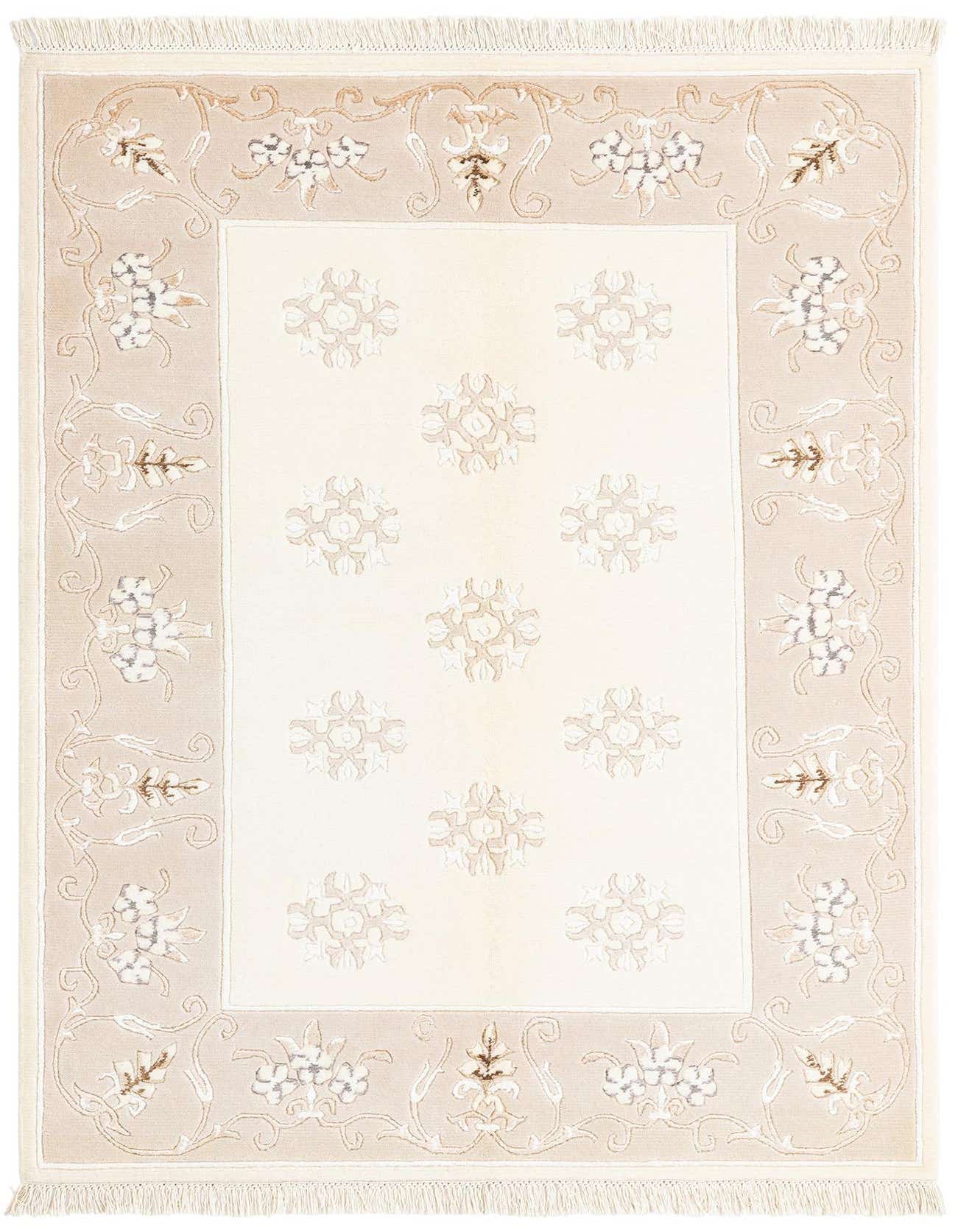 A 4x6 rectangular Darya rug with a cream center and repeating tan floral medallions, framed by a tan border with intricate brown and ivory Persian floral patterns, and fringed ends.