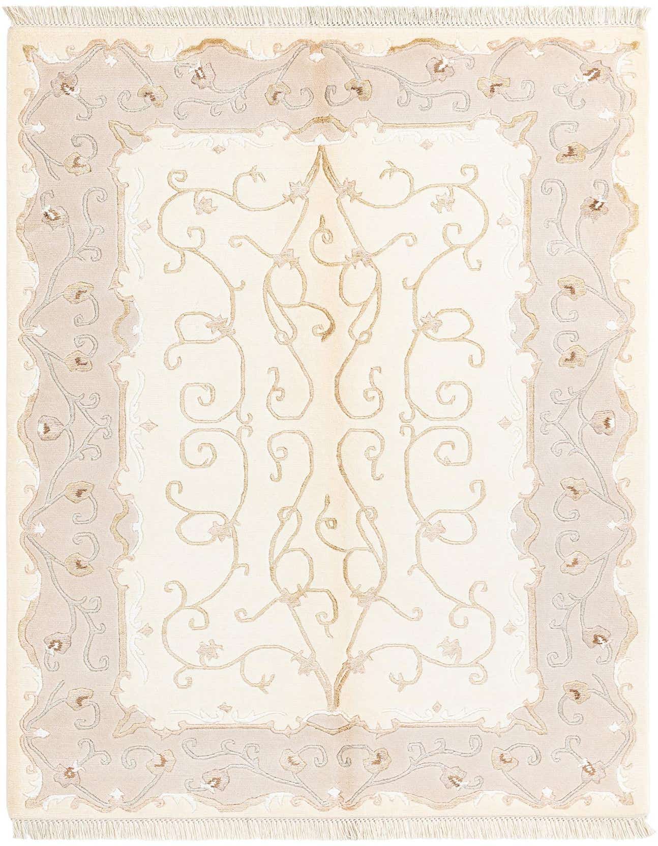 A 4x6 rectangular Darya rug with a cream field and tan Persian-inspired floral scrollwork, bordered by a light brown frame.