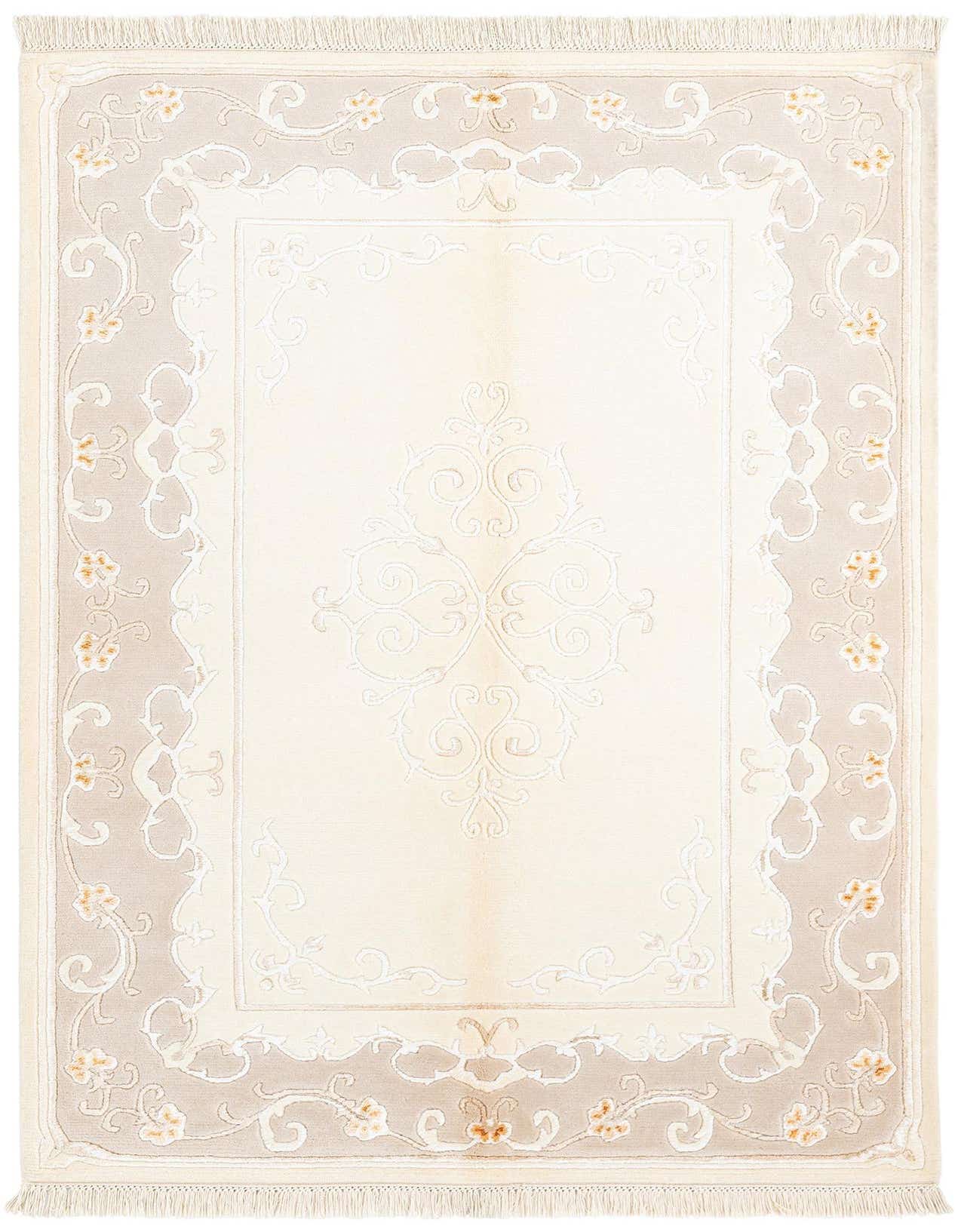A 3x5 rectangular Darya rug in cream and tan, featuring a modern Persian floral border and central medallion.