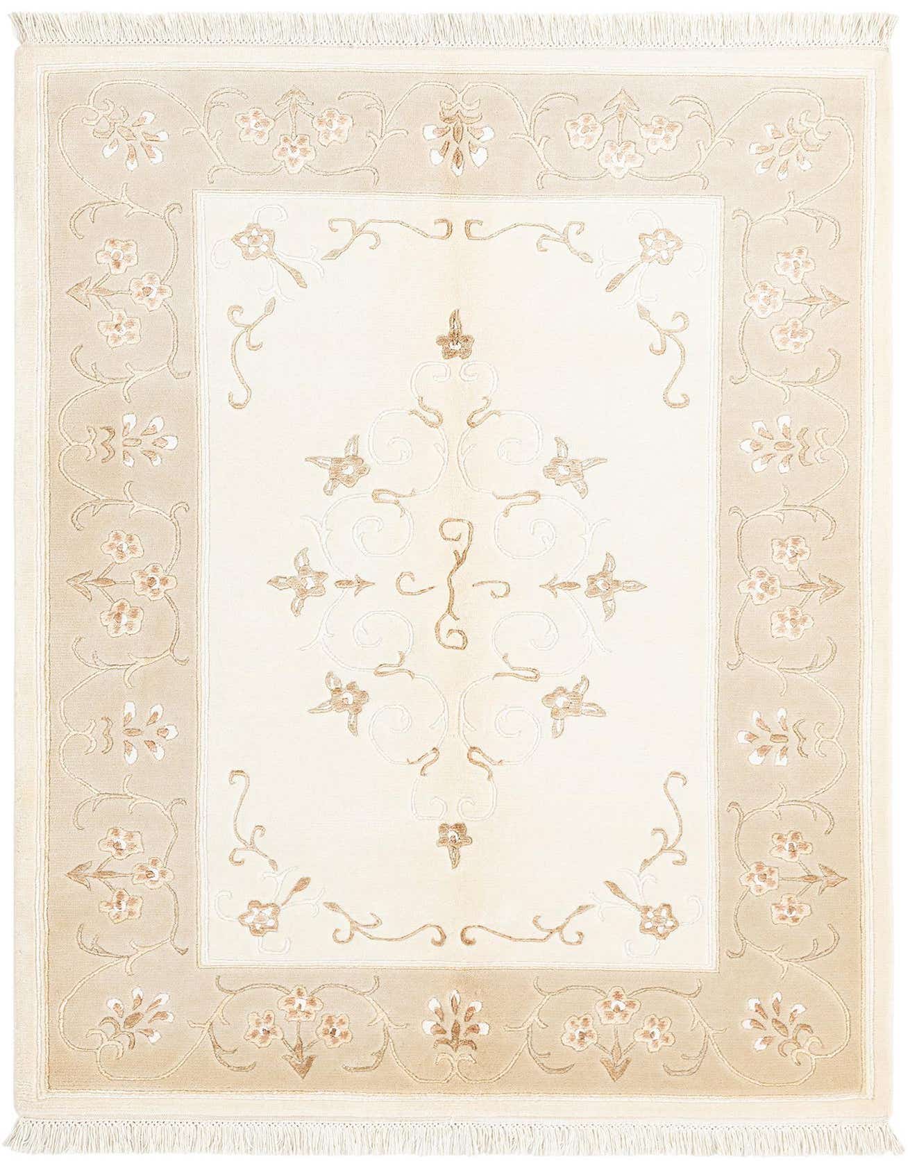 A 4x6 rectangular Darya rug with a cream center and tan border, featuring elegant floral and vine patterns.