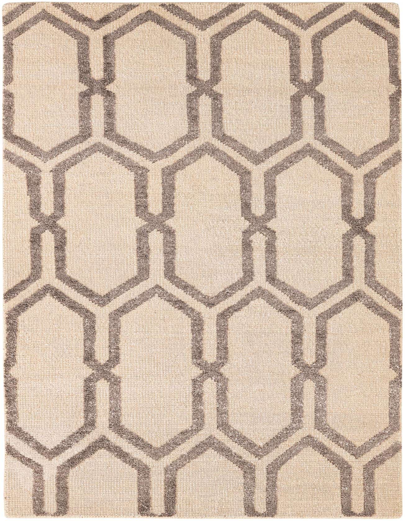 A rectangular 4x6 Darya rug featuring a modern geometric pattern of interlocking brown hexagons on an ivory background.