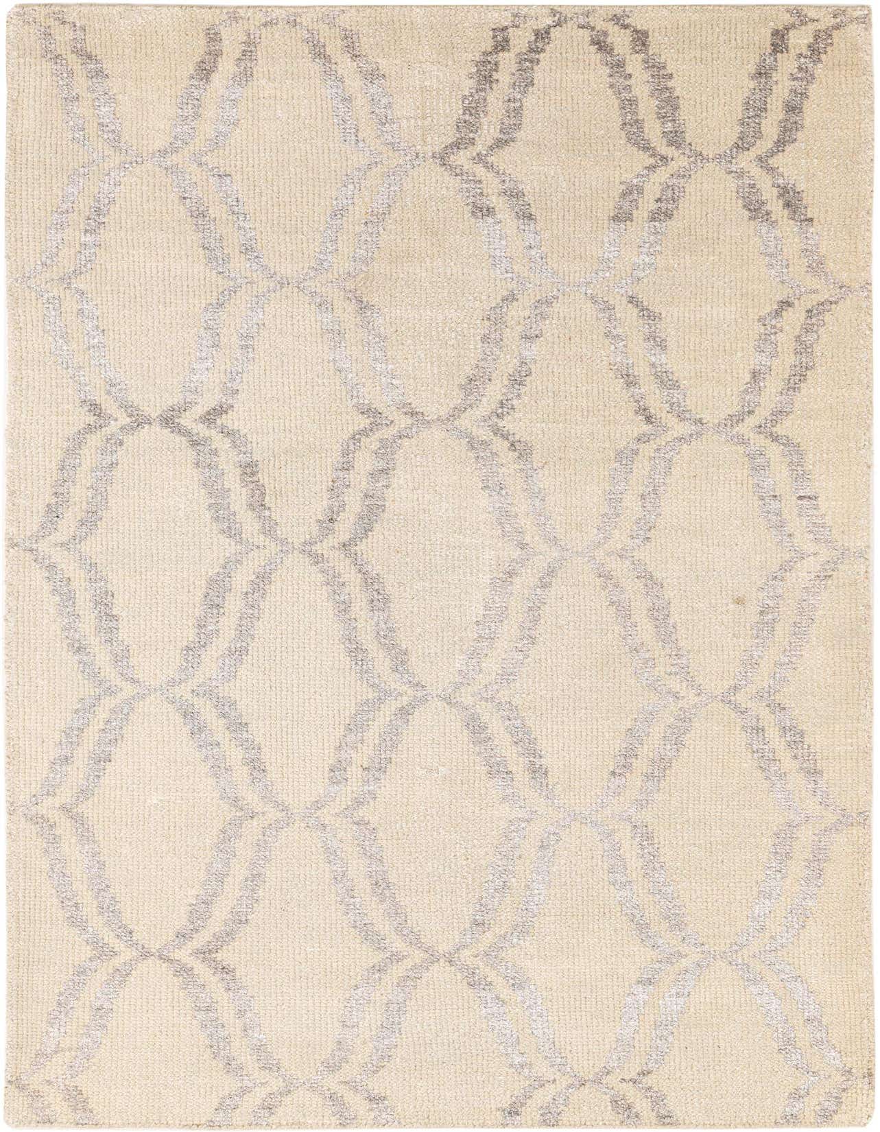 A 4x6 rectangular Darya rug in cream with a modern brown geometric pattern, made of wool and silk.