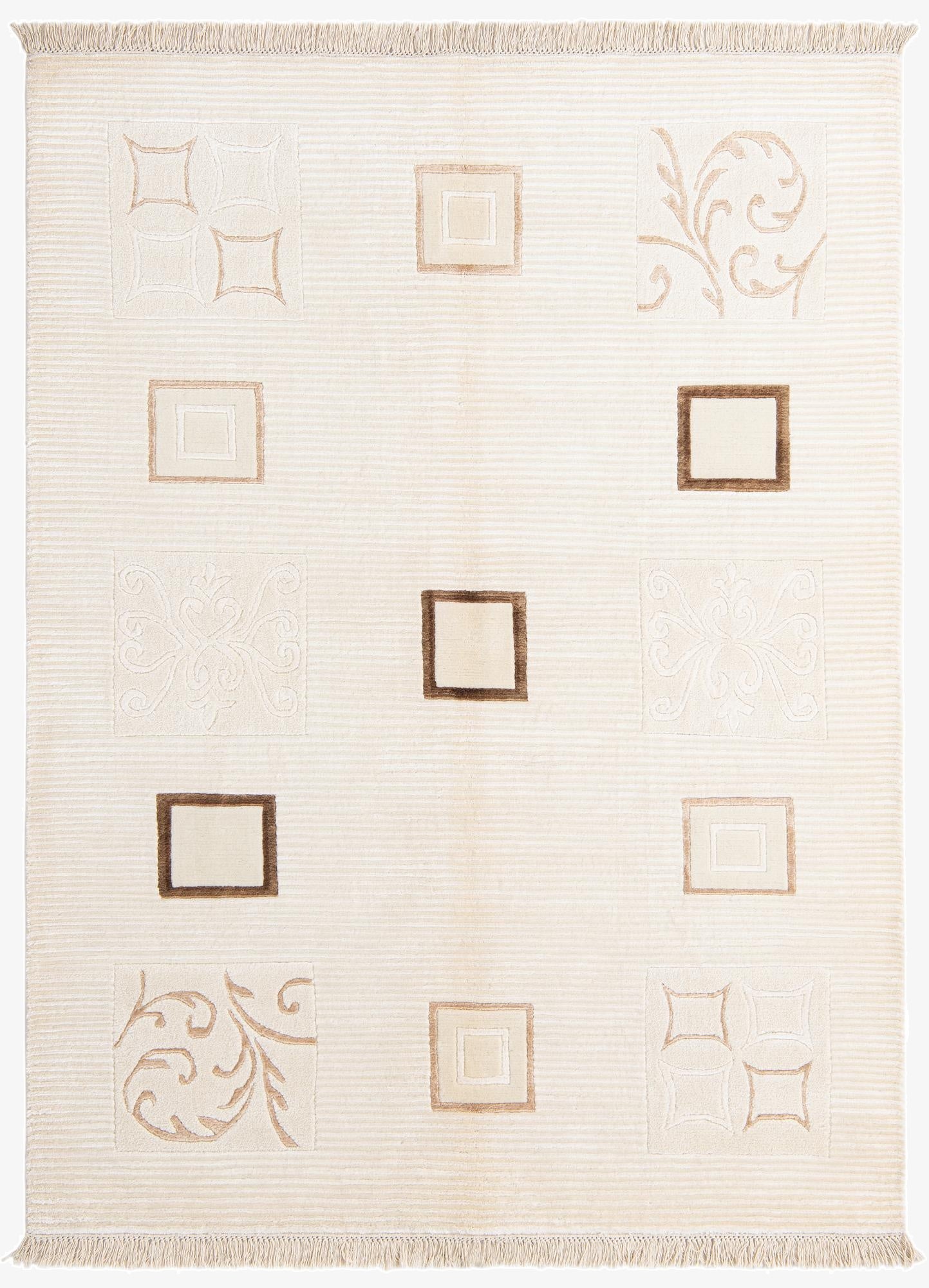 A 4x6 rectangular Darya rug with a modern oriental pattern in cream, ivory, and brown tones, featuring abstract squares and subtle floral motifs.