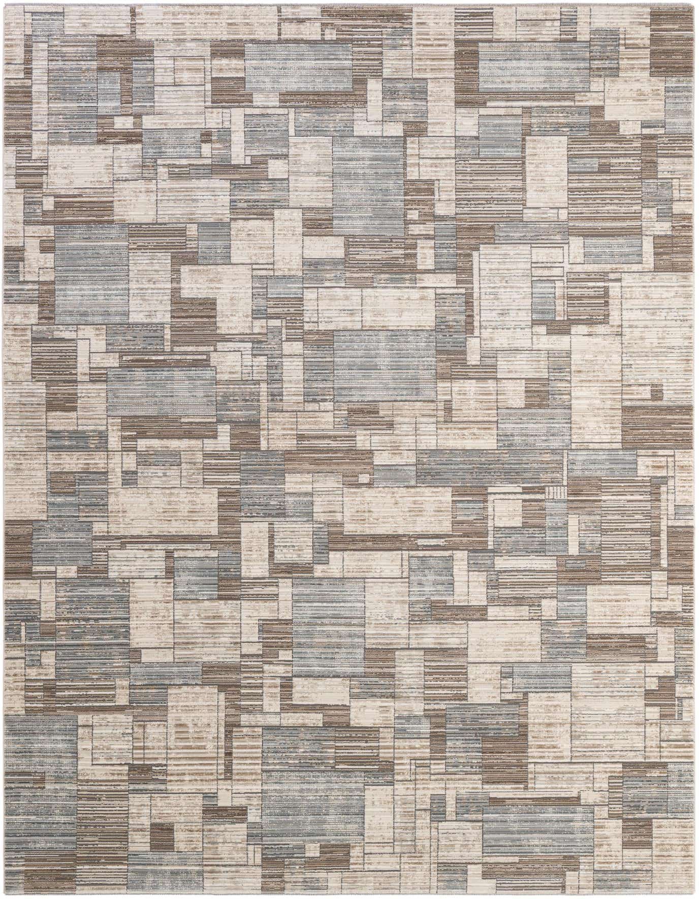 A 7x10 rectangular modern area rug featuring a geometric pattern in shades of brown, tan, cream, and light blue.