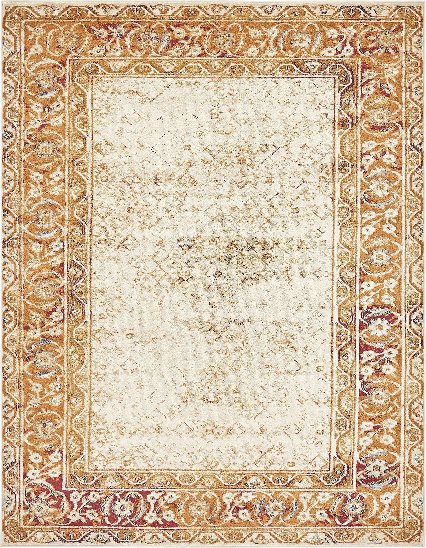 A 5x8 rectangular Delilah rug featuring a cream field with subtle tan distressing and a traditional border in shades of brown, tan, and muted red.