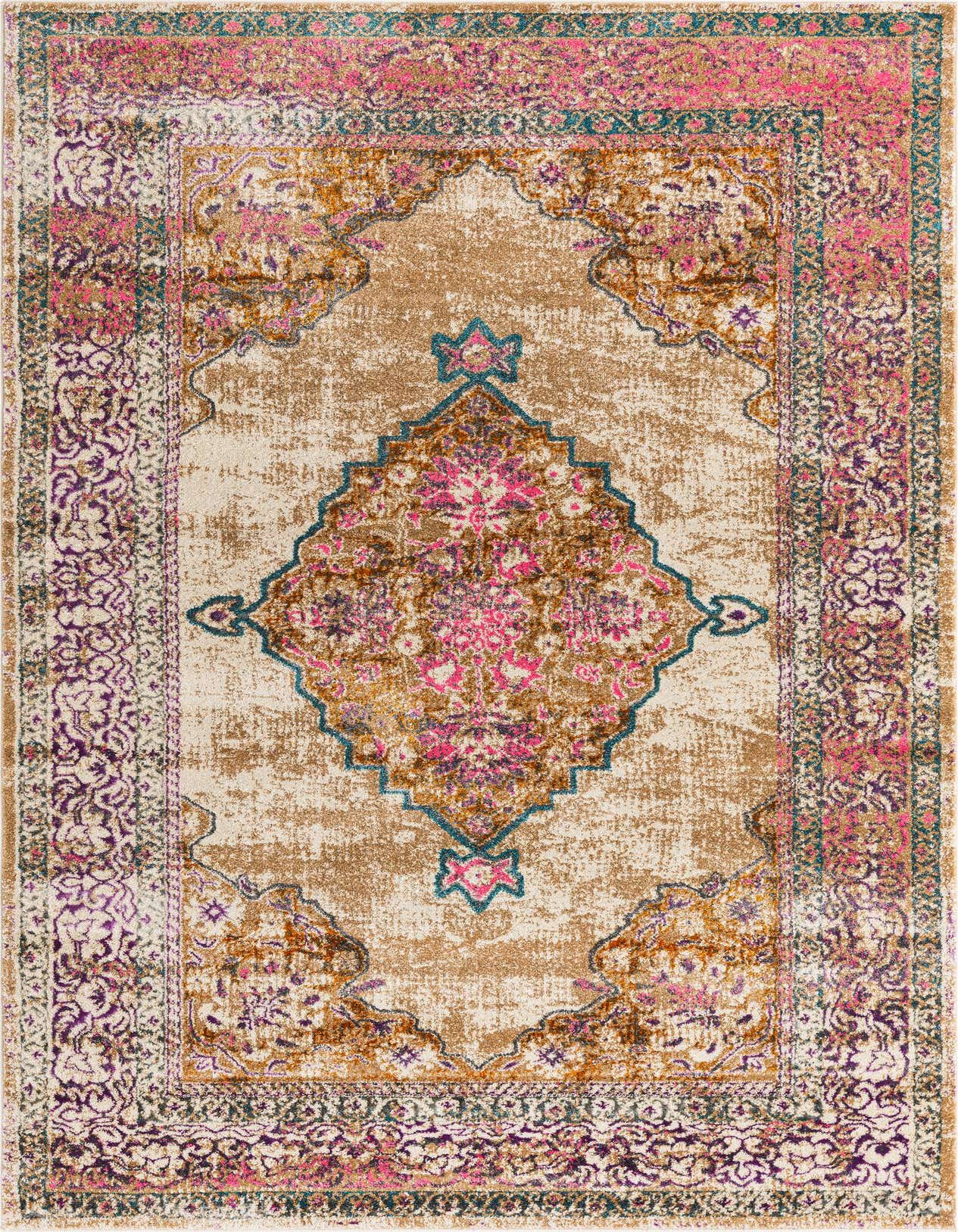 A 5x8 rectangular Delilah rug featuring a distressed bohemian medallion pattern in brown, ivory, pink, and teal.