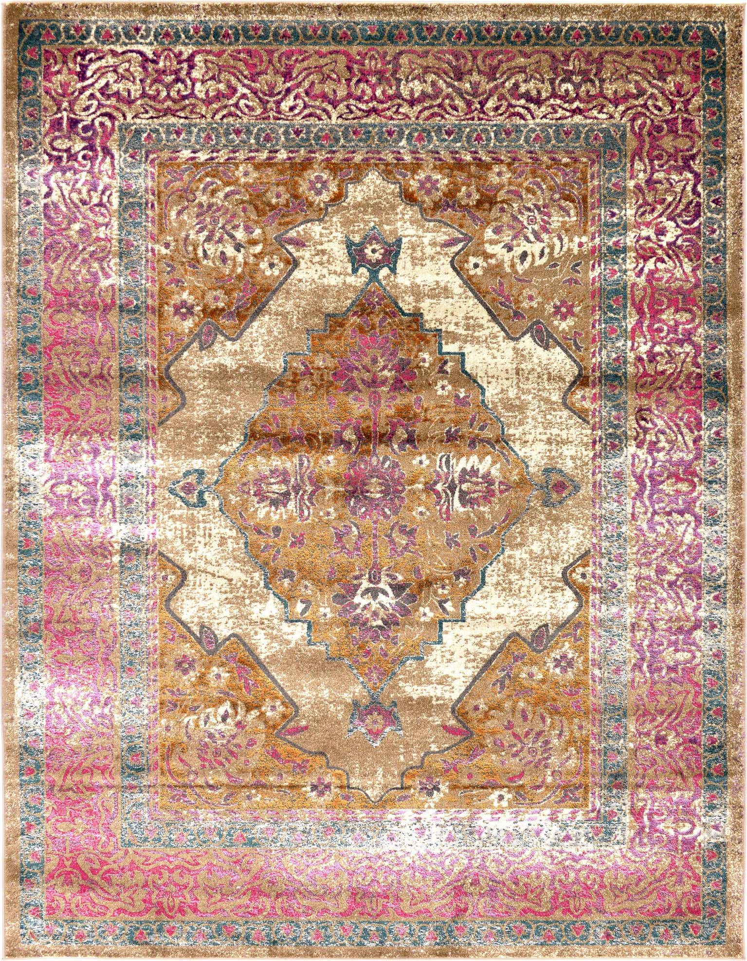 A 9x12 rectangular Delilah rug featuring a distressed medallion pattern in brown, ivory, pink, and teal tones.