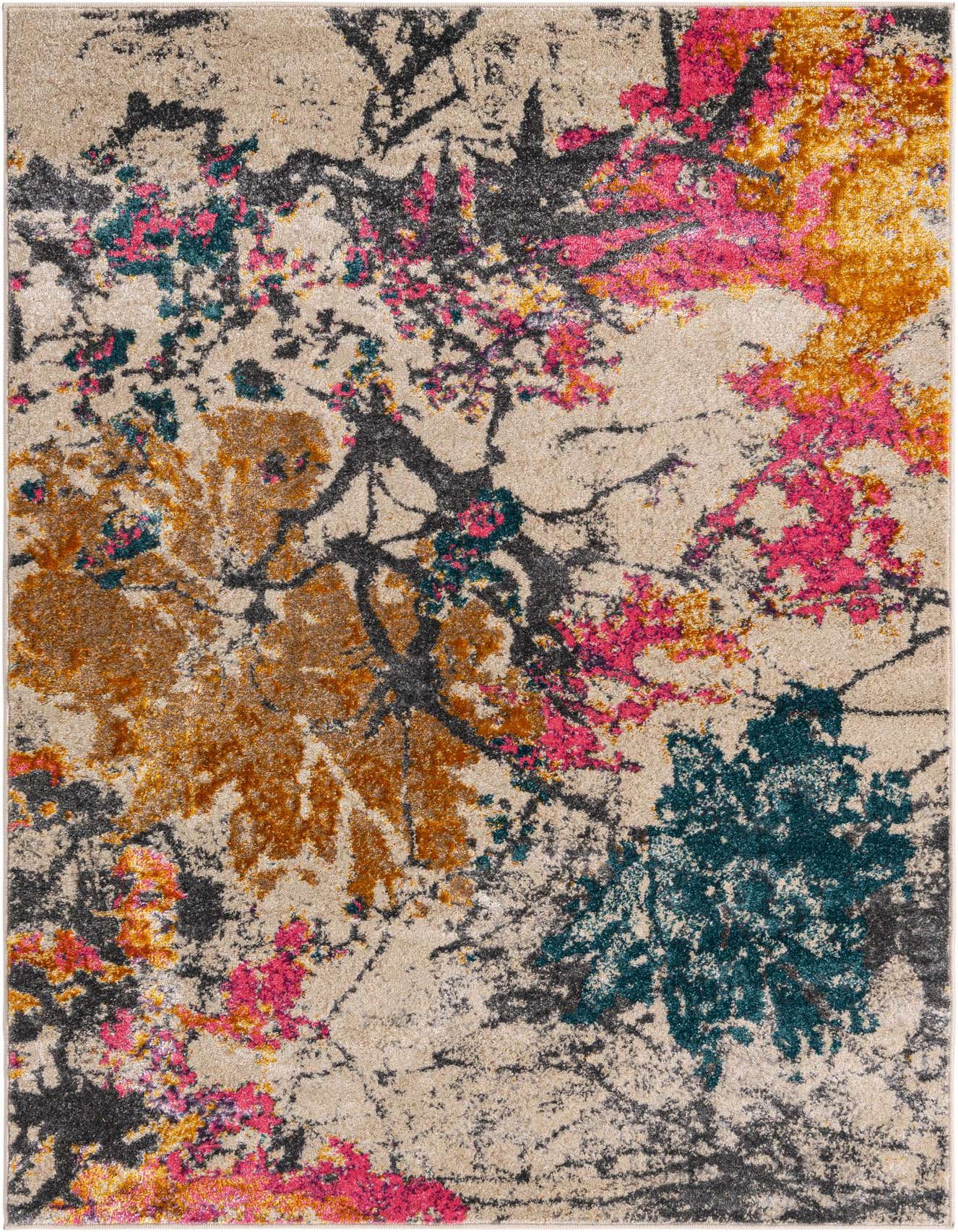A 4x6 rectangular Delilah rug featuring an abstract botanical pattern with brown, ivory, pink, and teal colors.