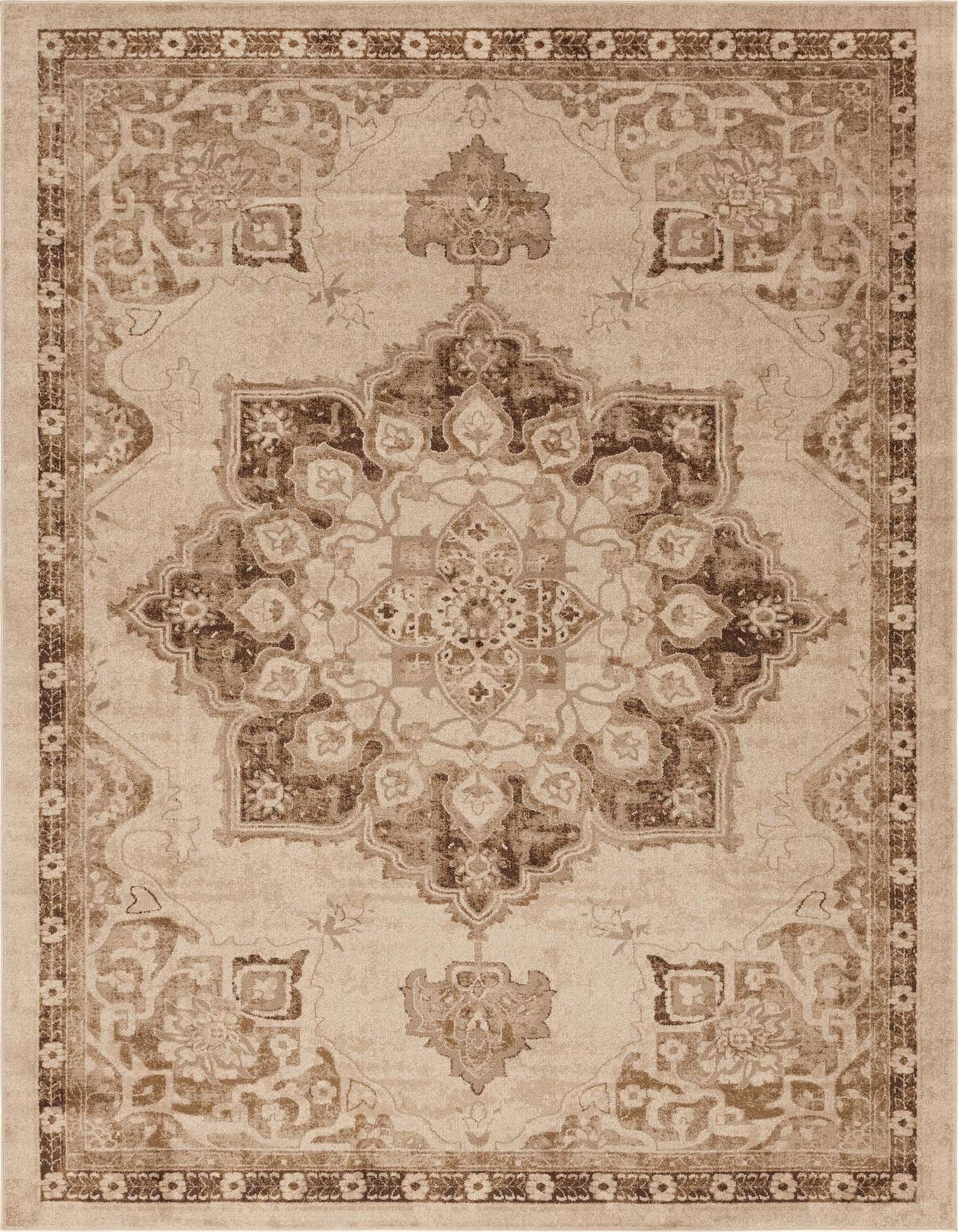A 9x12 rectangular Eden rug in shades of brown and tan with a central medallion and traditional border.